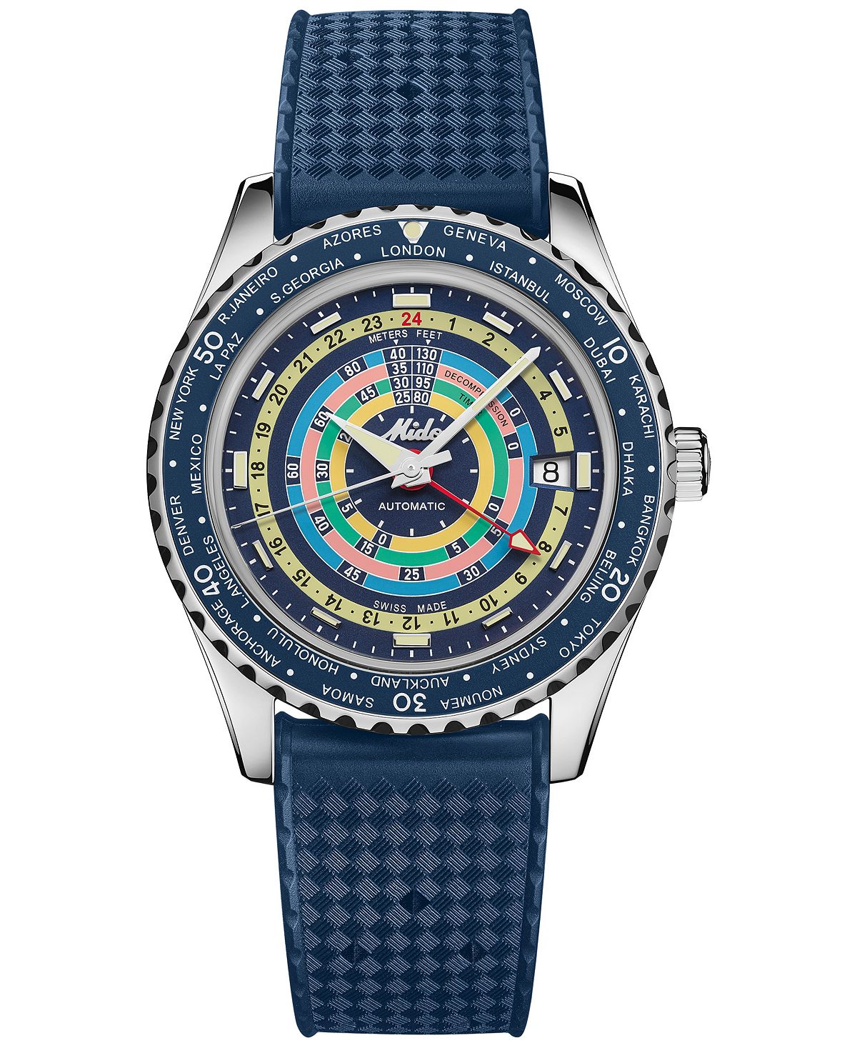 Унисекс Швейцарские автоматические часы Ocean Star Decompression Worldtimer с синим каучуковым ремешком, 41 мм Mido, синий цена и фото