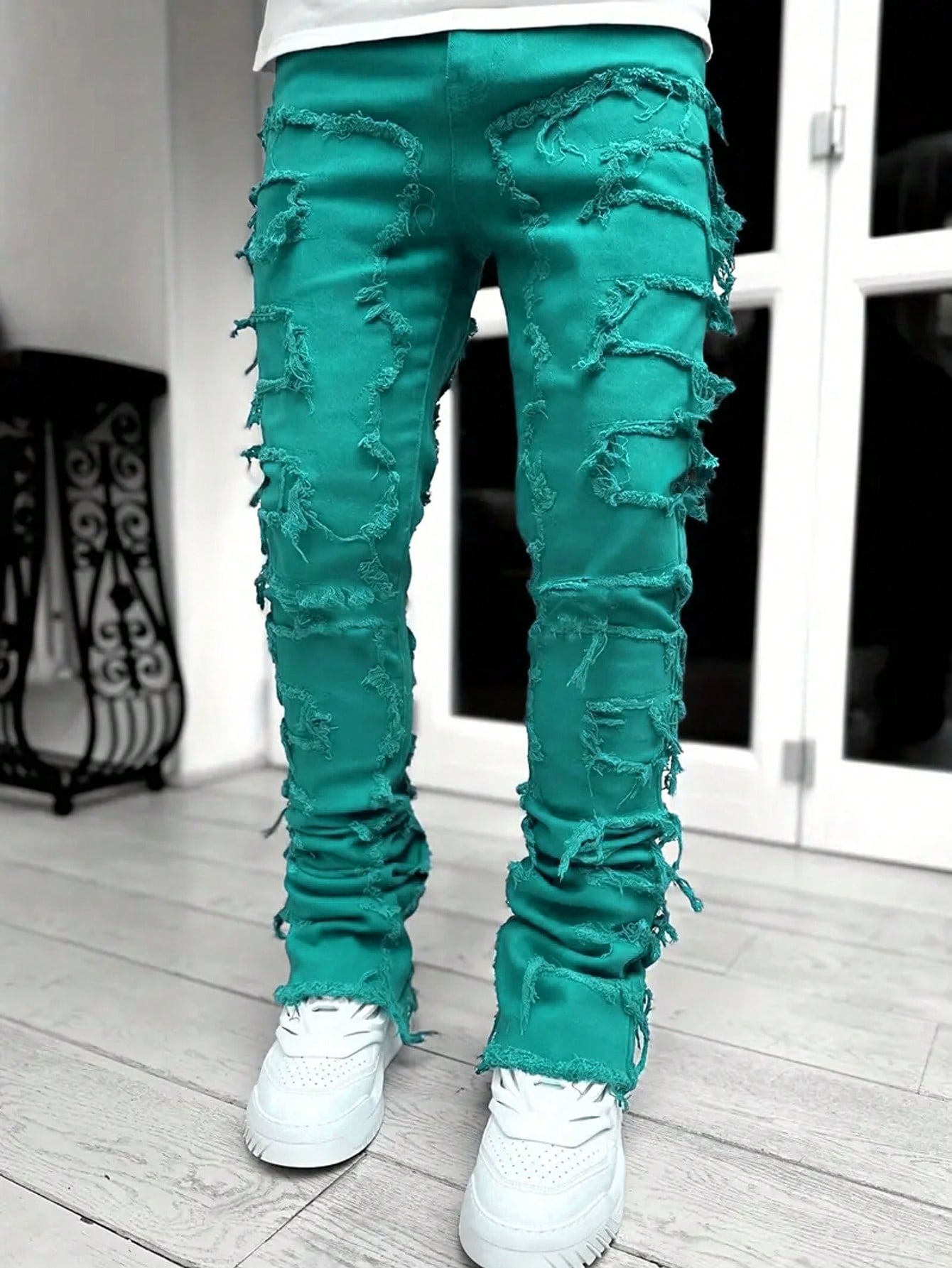 Модные мужские креативные джинсовые брюки с кисточками, мятно-зеленый