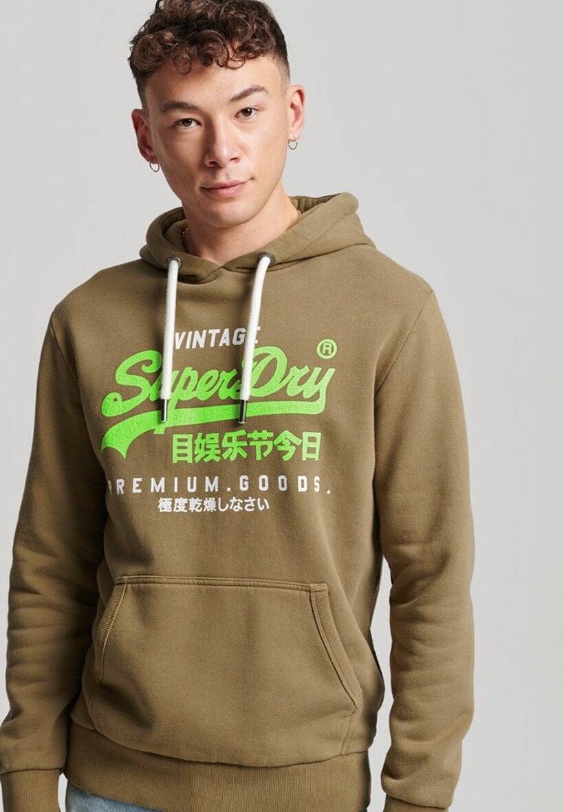 

Худи Superdry Vintage Logo Premium Overdyed, готический оливково-зеленый