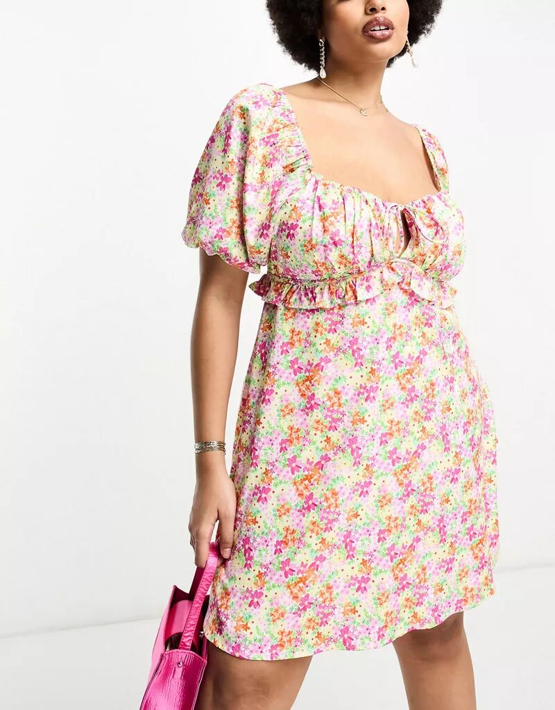 Разноцветное мини-платье Frolic Plus с акварельным цветочным принтом, присборенной грудью и пышными рукавами The Frolic