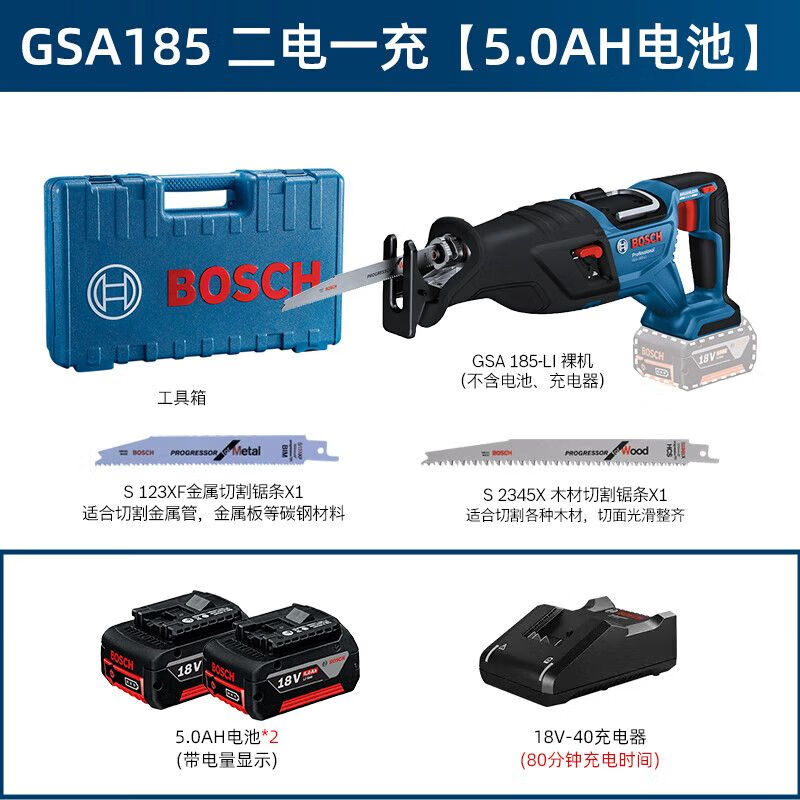 Сабельная пила Bosch GSA185-LI + пильное полотно S 123XF/S 2345X, два аккумулятора 5.0Ah, зарядное устройство