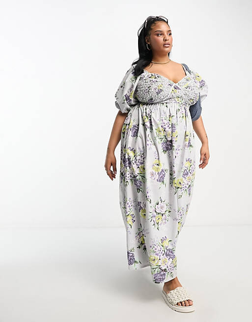 

Платье миди с хлопковым корсетом и цветочным принтом ASOS DESIGN Curve
