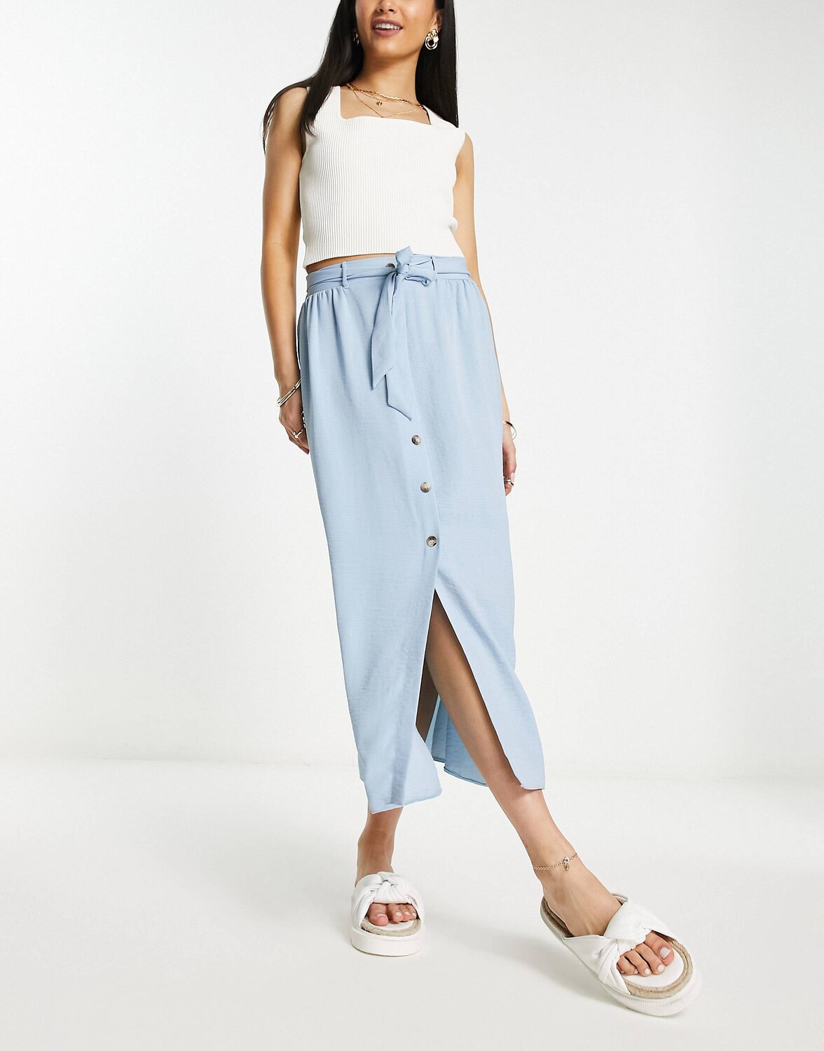 

Синяя юбка миди на пуговицах с поясом на талии ASOS DESIGN