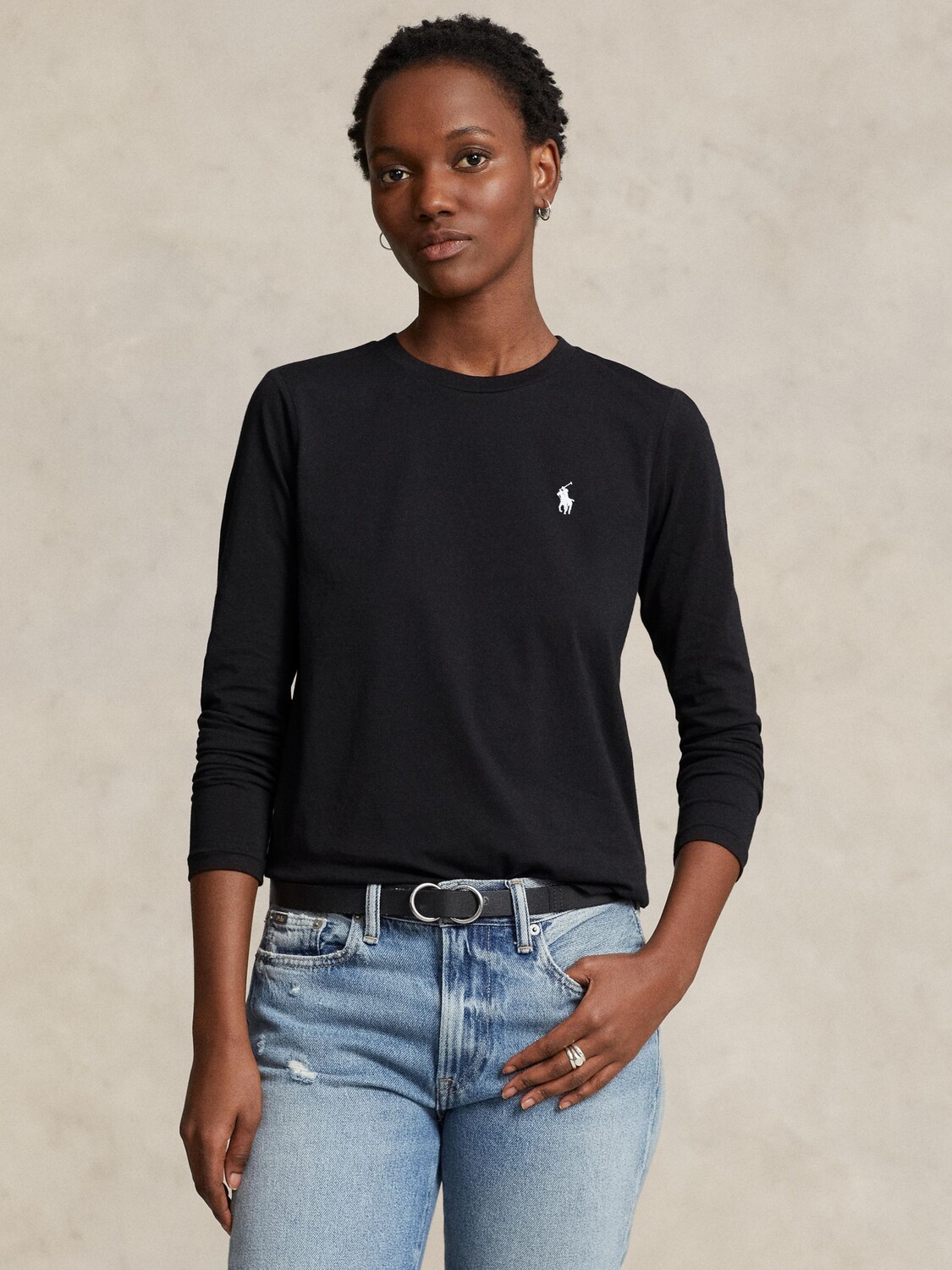 

Трикотажный топ с длинными рукавами и логотипом Ralph Lauren, черная футболка-поло, Черный