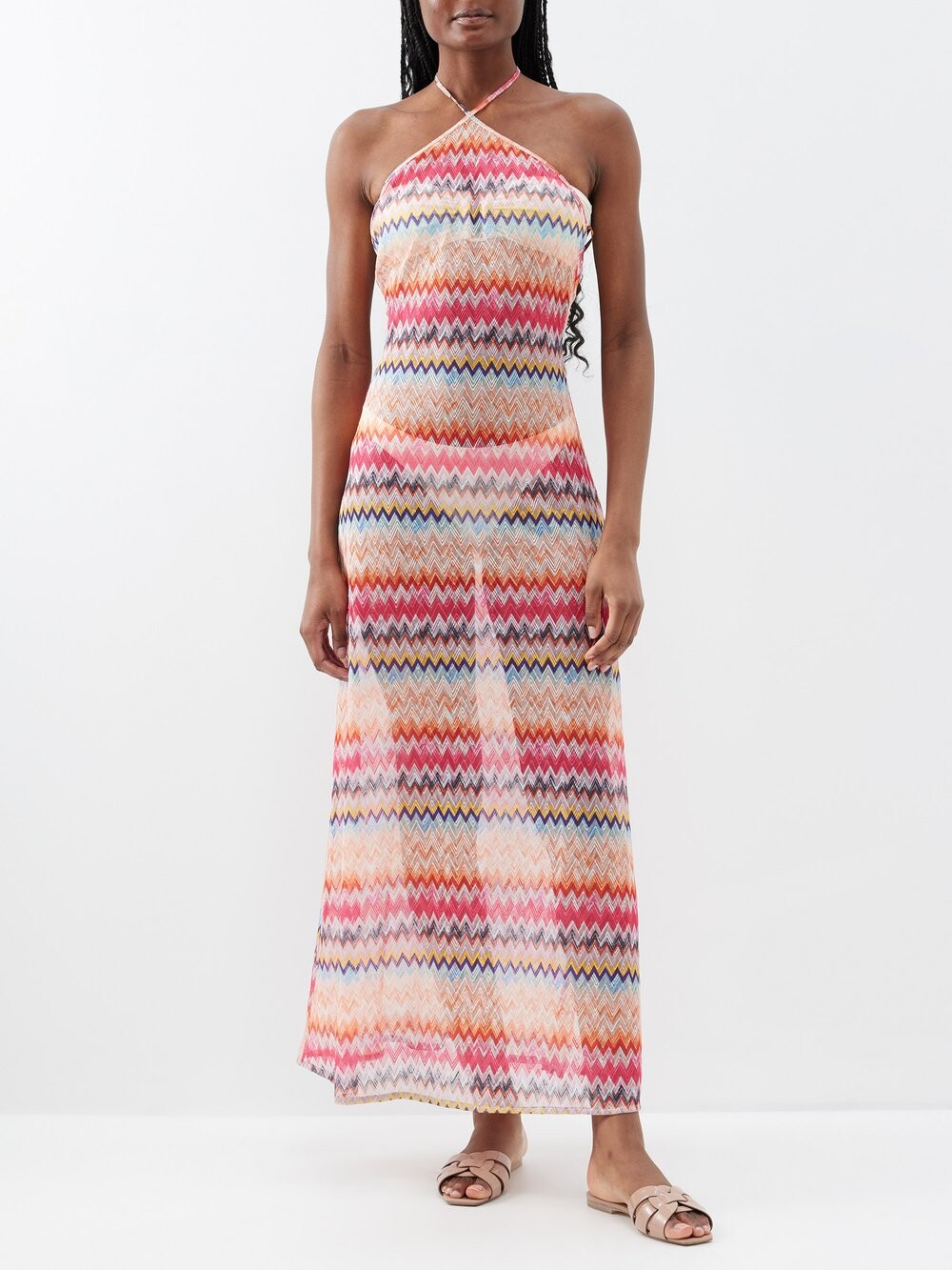 

Платье с воротником-халтер зигзагообразной вязки крючком Missoni, розовый
