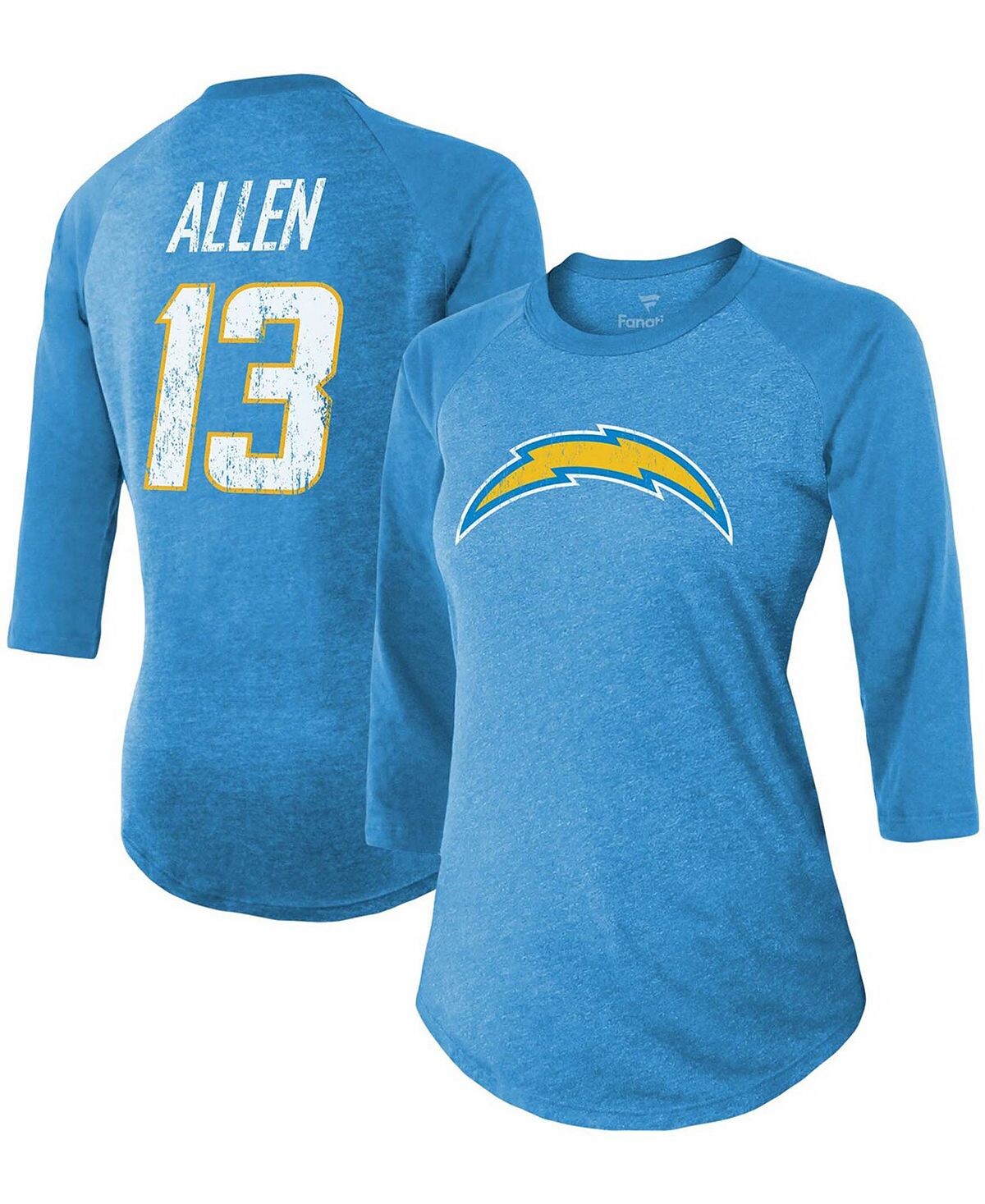 

Женская футболка Keenan Allen Powder Blue Los Angeles Chargers Team, имя игрока, номер, футболка Tri-Blend реглан с рукавами 3/4 Fanatics