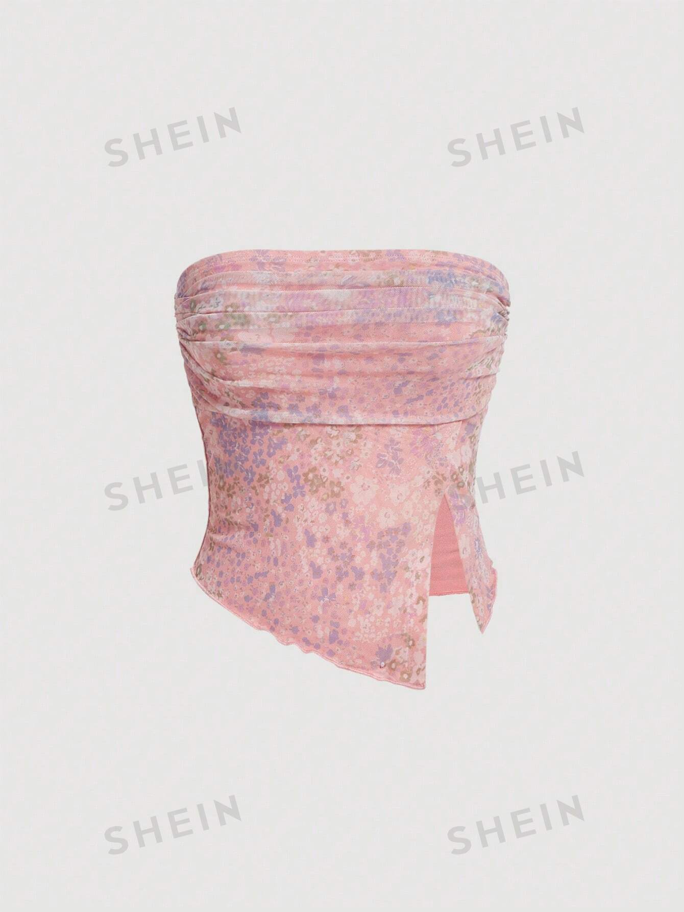 женский летний комбинезон без бретелек и шорт с цветочным принтом SHEIN MOD Женский топ-бандо с цветочным принтом, многоцветный