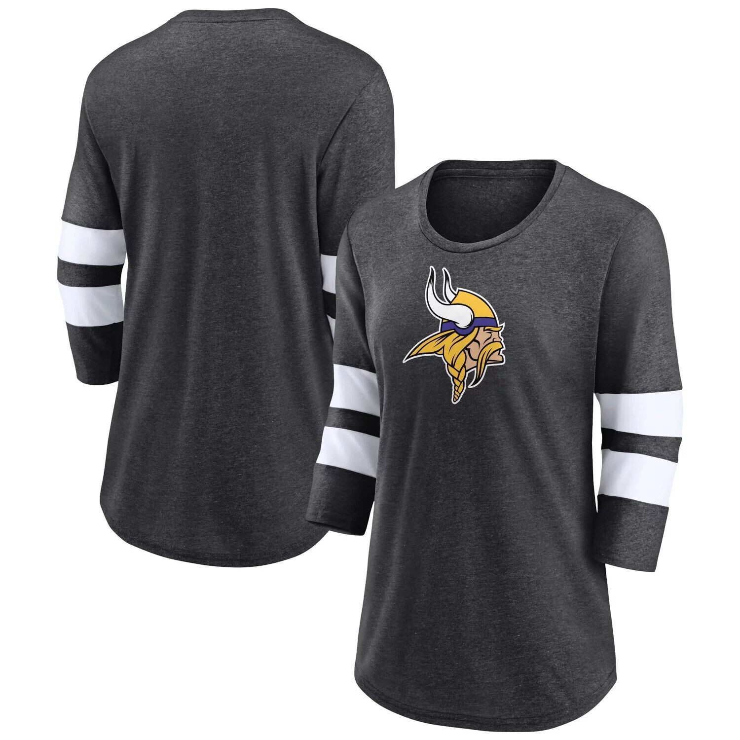 

Женская футболка с логотипом Fanatics и угольно-серым принтом Minnesota Vikings с рукавами 3/4 и круглым вырезом Fanatics