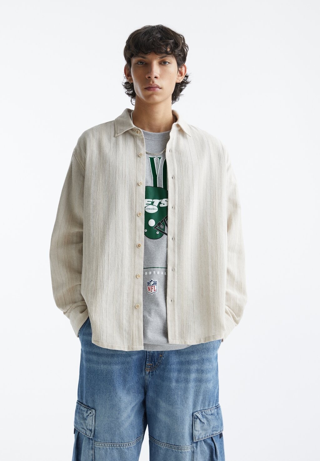 

Рубашка Sleeve PULL&BEAR, бежевый