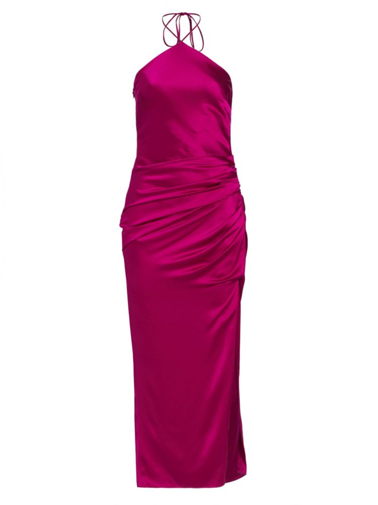 цена Атласное платье миди Hansel с бретельками на шее Jonathan Simkhai, фиолетовый