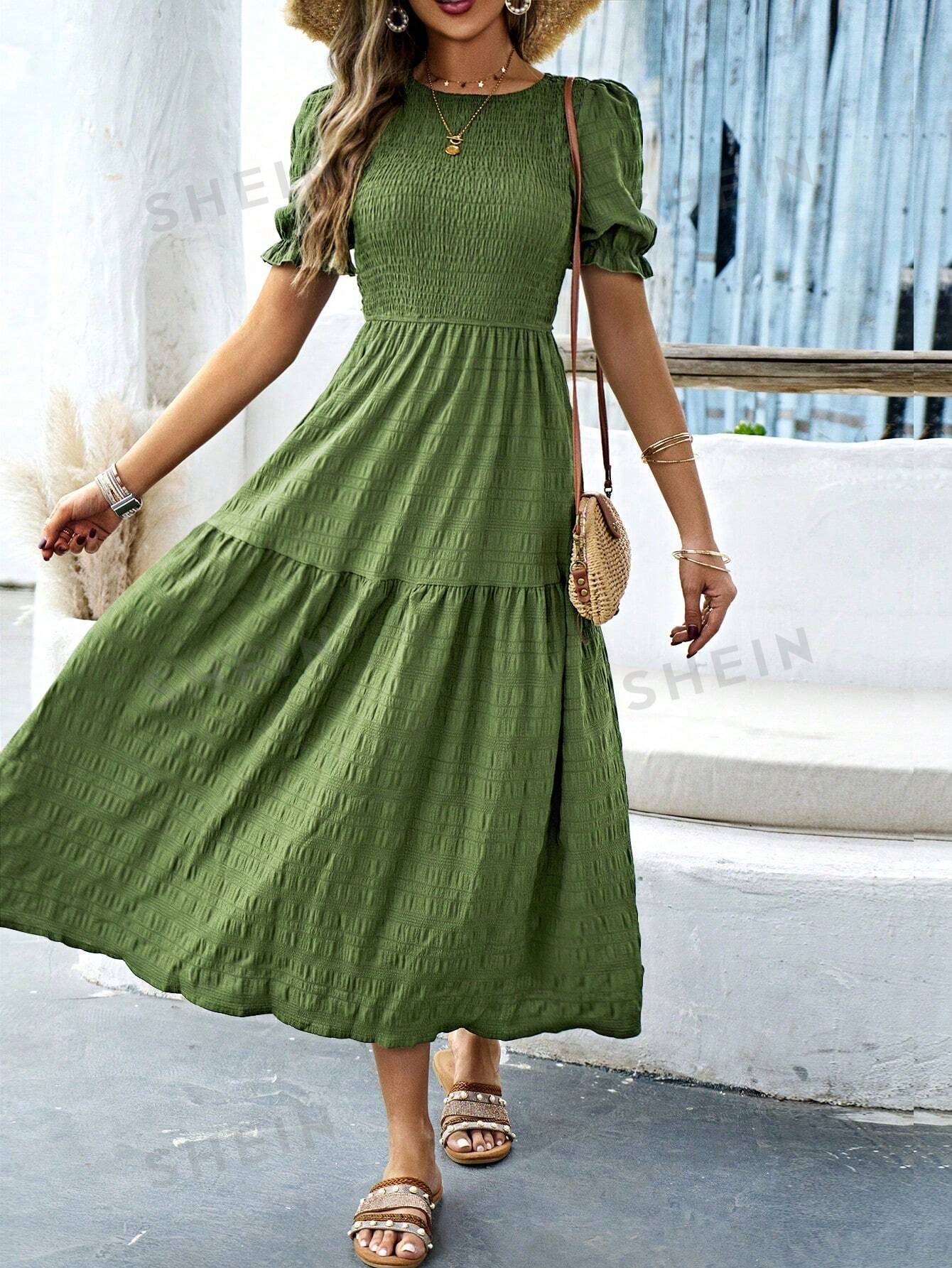 SHEIN VCAY женское свободное платье с круглым вырезом и короткими рукавами-фонариками, оливково-зеленый женское свободное платье рубашка средней длины элегантное платье большого размера с геометрическим принтом круглым вырезом и рукавами в