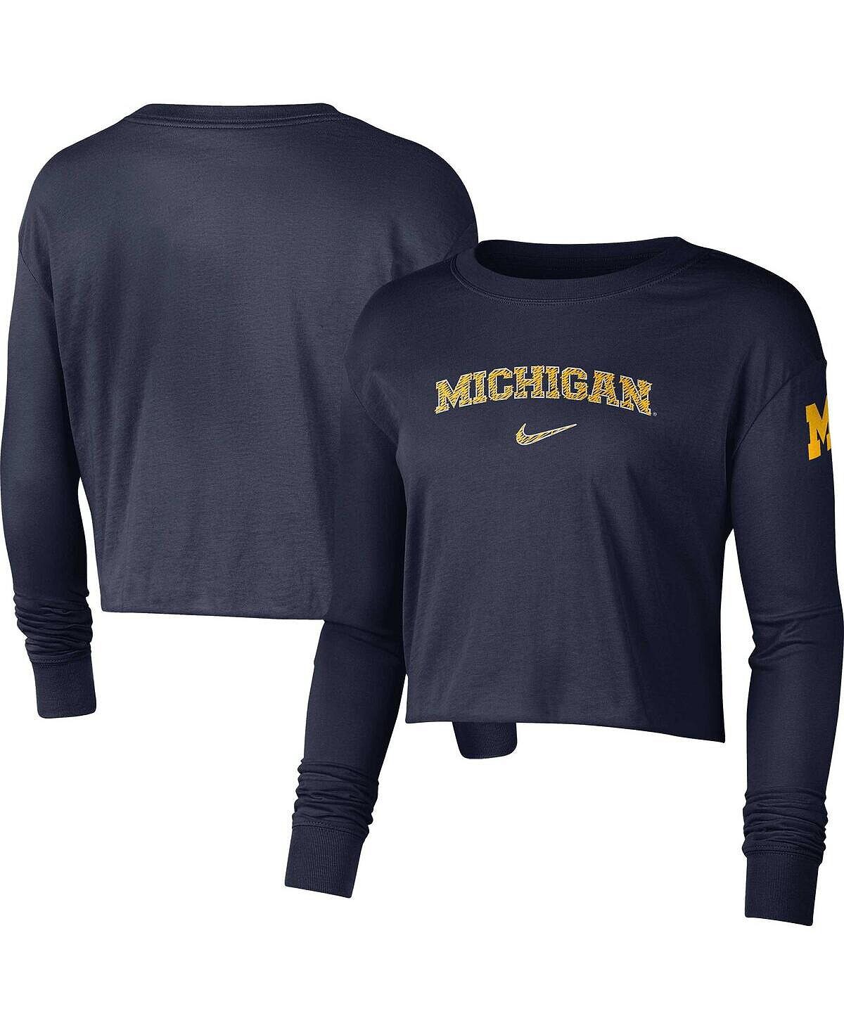 

Женская укороченная футболка с длинным рукавом и логотипом Michigan Wolverines 2-Hit темно-синего цвета Nike, темно-синий