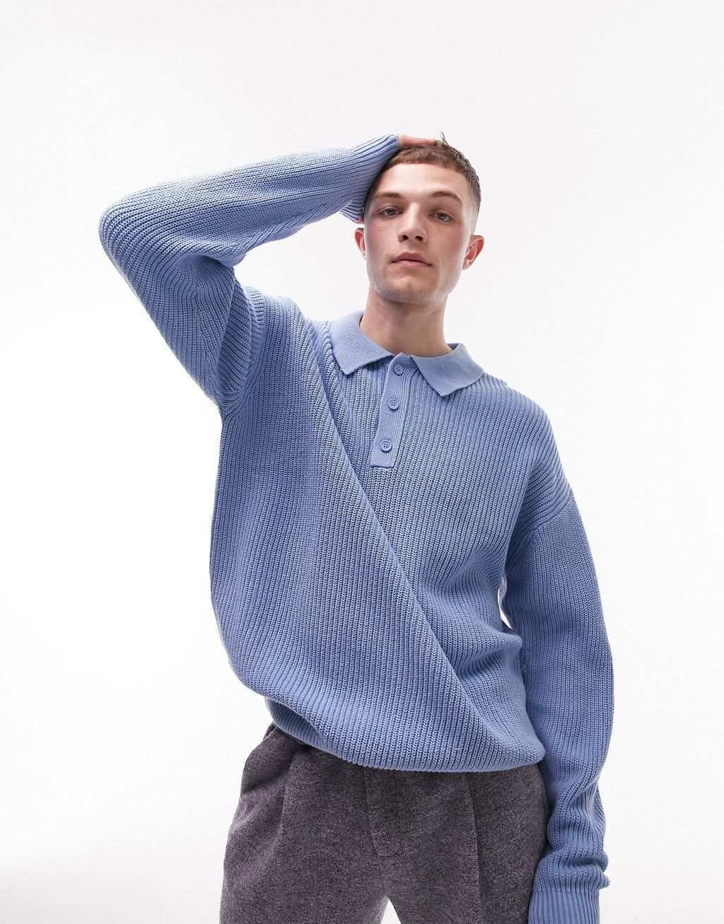 

Синяя трикотажная футболка-поло oversize с длинными рукавами Topman