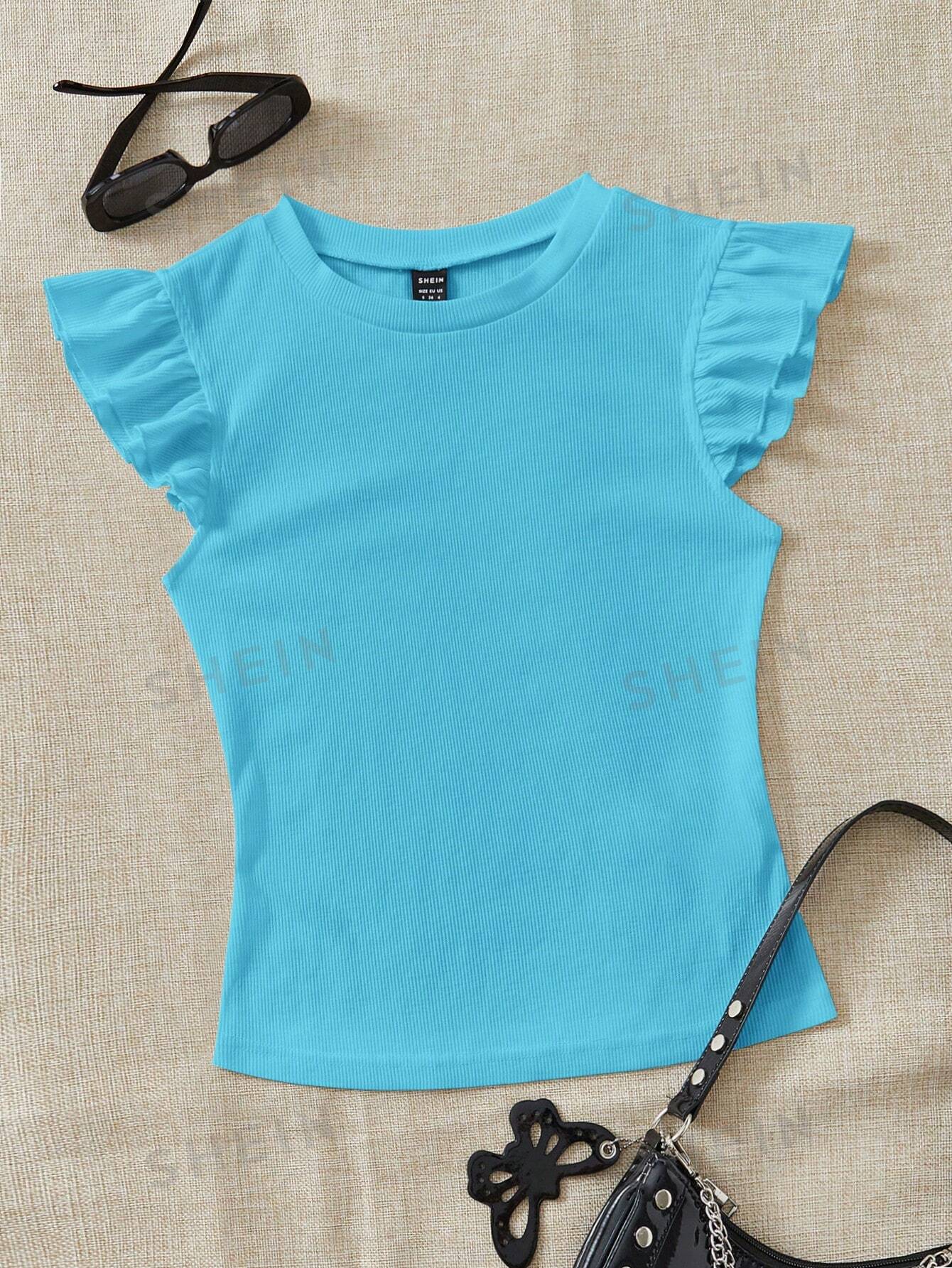 SHEIN WYWH трикотажная однотонная женская футболка с круглым вырезом и короткими рукавами, синий