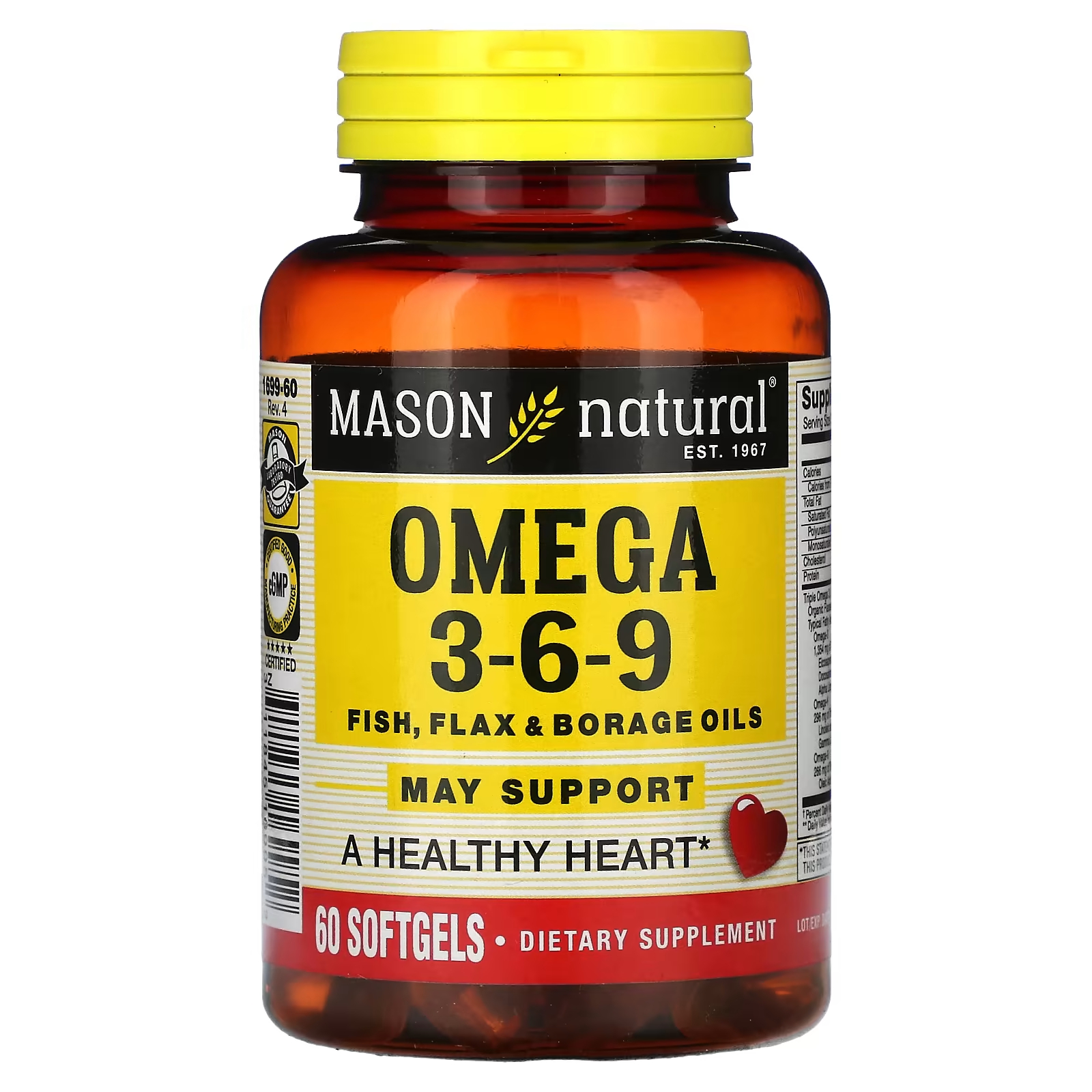 Пищевая добавка Mason Natural Omega 3-6-9 льна и бурачника, 60 мягких таблеток пищевая добавка naturesplus ultra omega 3 6 9 60 мягких капсул