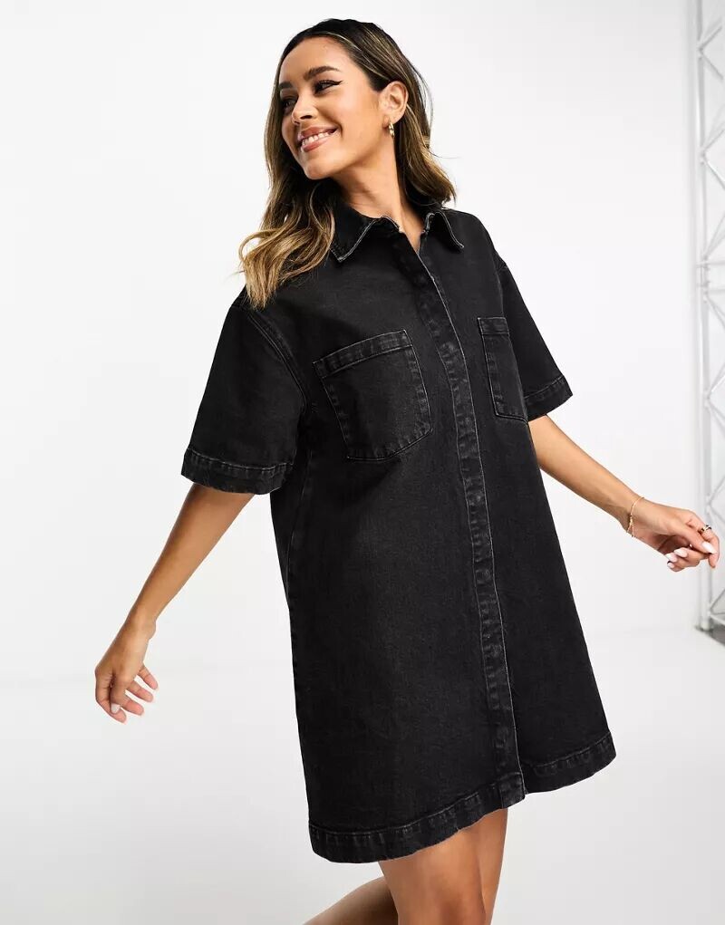 

Черное джинсовое платье-рубашка с короткими рукавами ASOS
