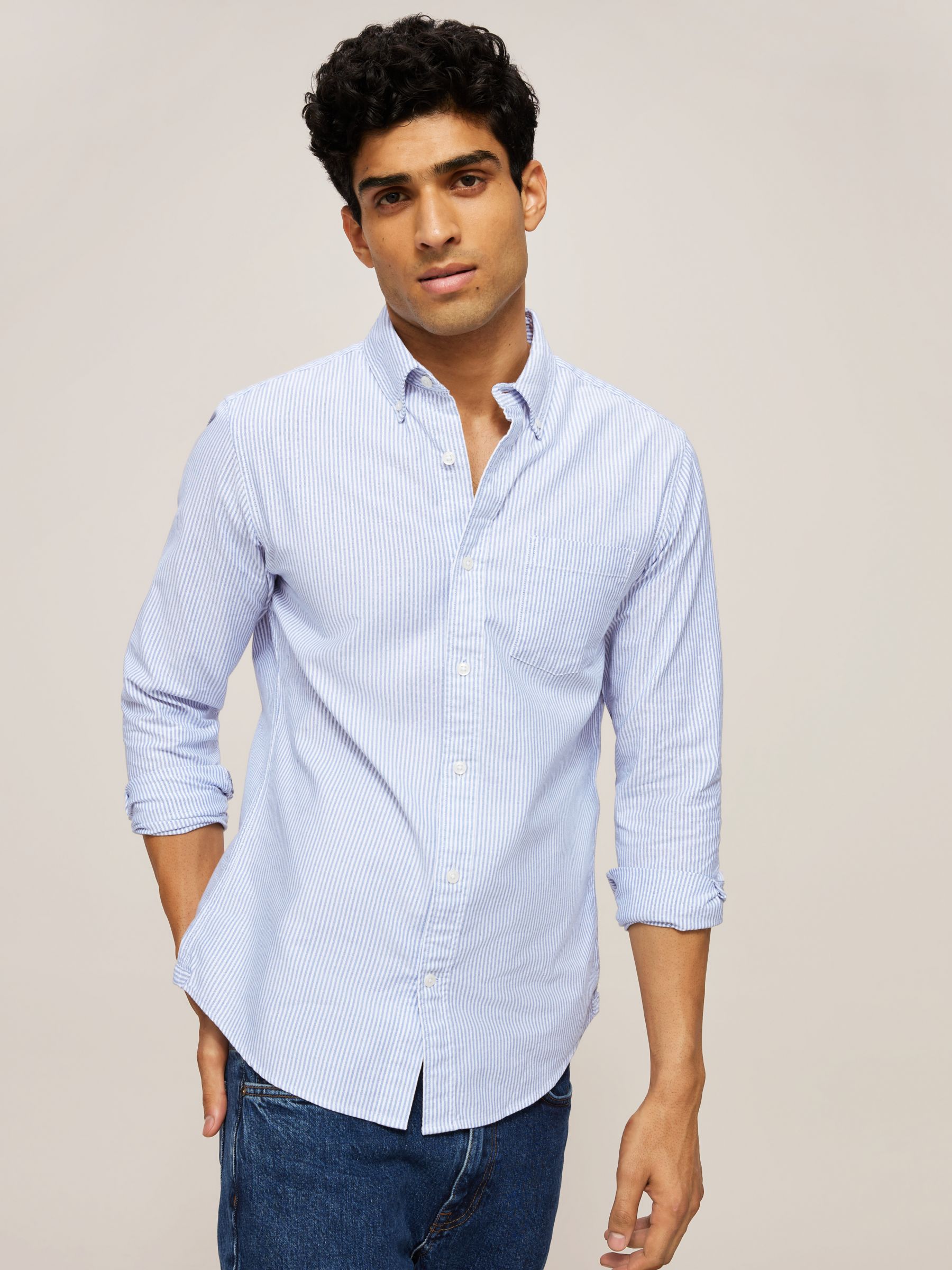 John Lewis облегающая оксфордская рубашка в полоску синего цвета обычная мужская оксфордская рубашка в полоску с карманом синего цвета spagnolo синий