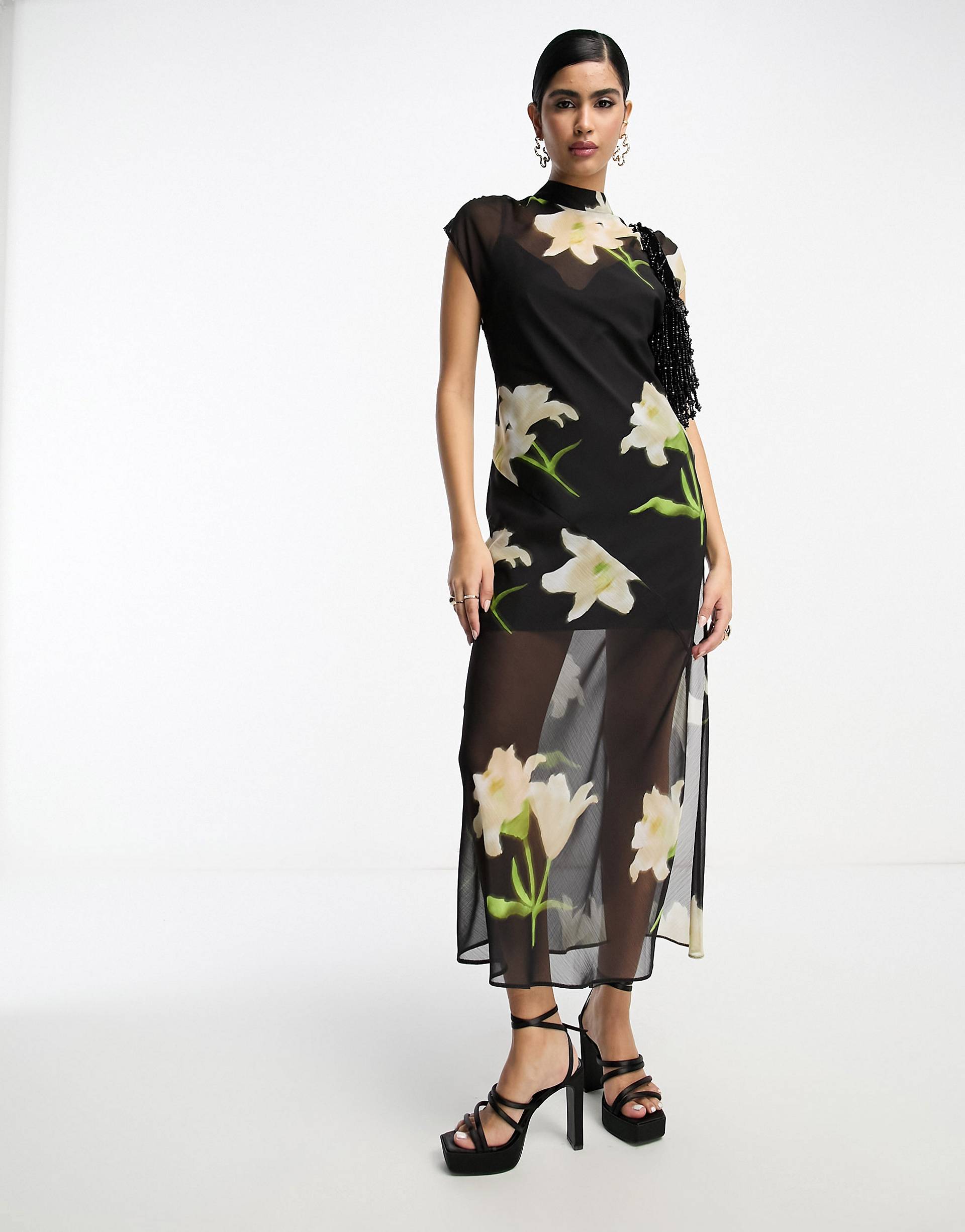 Шифоновое платье мидакси без рукавов с открытой спиной и цветочным орнаментом ASOS DESIGN