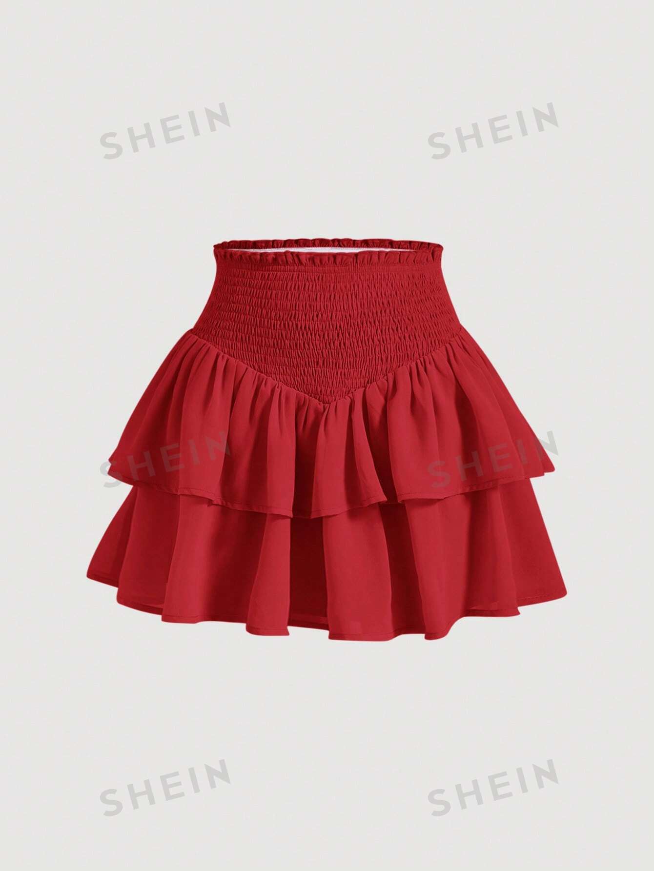 SHEIN MOD SHEIN MOD женская двухслойная мини-юбка с асимметричным подолом и рюшами и присборенной талией, красный shein mod белая кружевная декорированная асимметричная юбка с рюшами по подолу белый