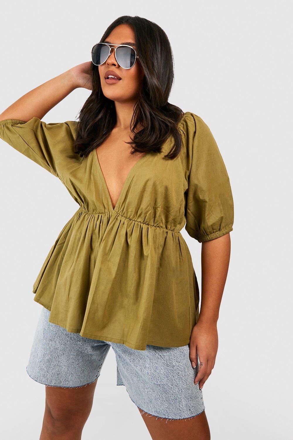 

Льняной топ с объемными рукавами и v-образным вырезом Boohoo, хаки