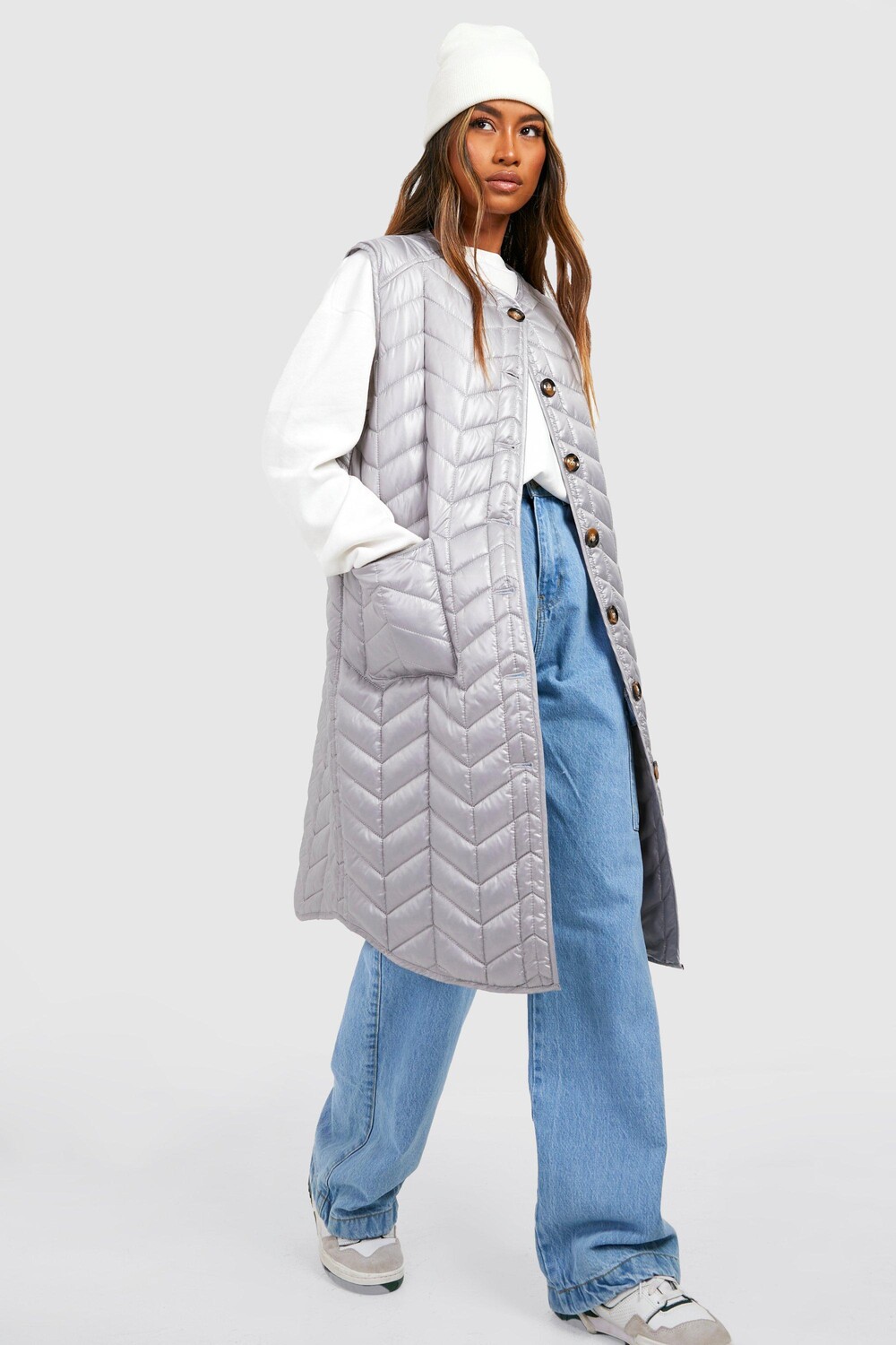 

Длинный жилет с деталями Boohoo, серый