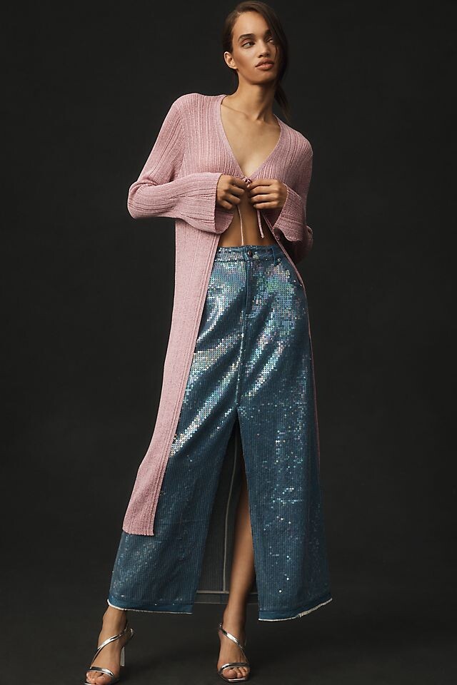 

Длинный блестящий кардиган Anthropologie, розовый