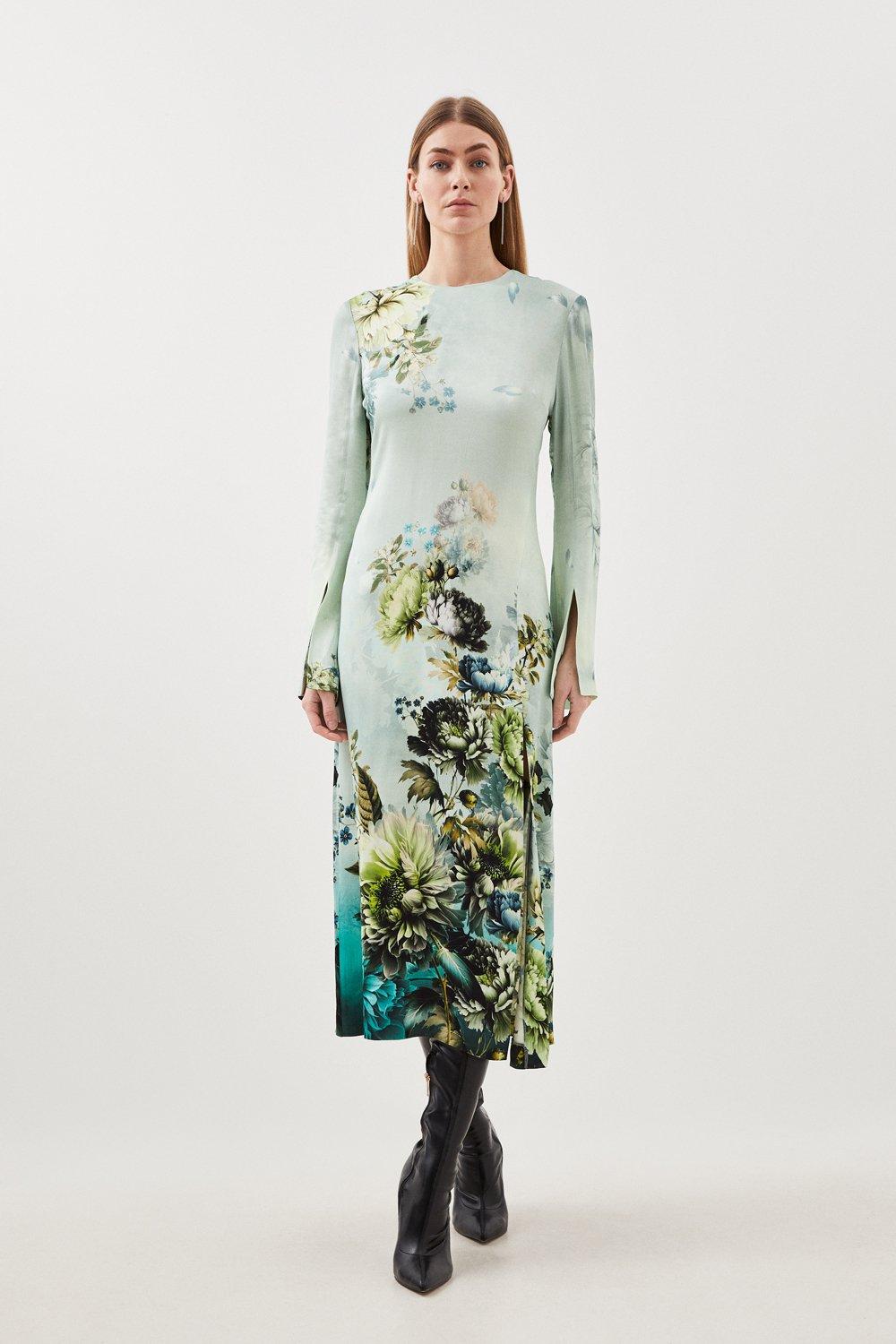 Платье миди из вискозного атласа с цветочным принтом Garden Karen Millen, синий