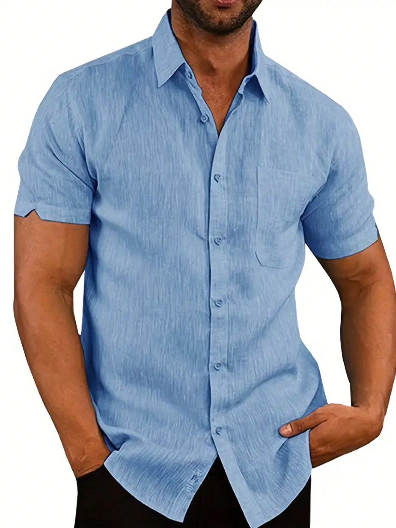 Мужская повседневная однотонная рубашка с коротким рукавом, синий мужская однотонная повседневная рубашка с коротким рукавом и воротником поло синий