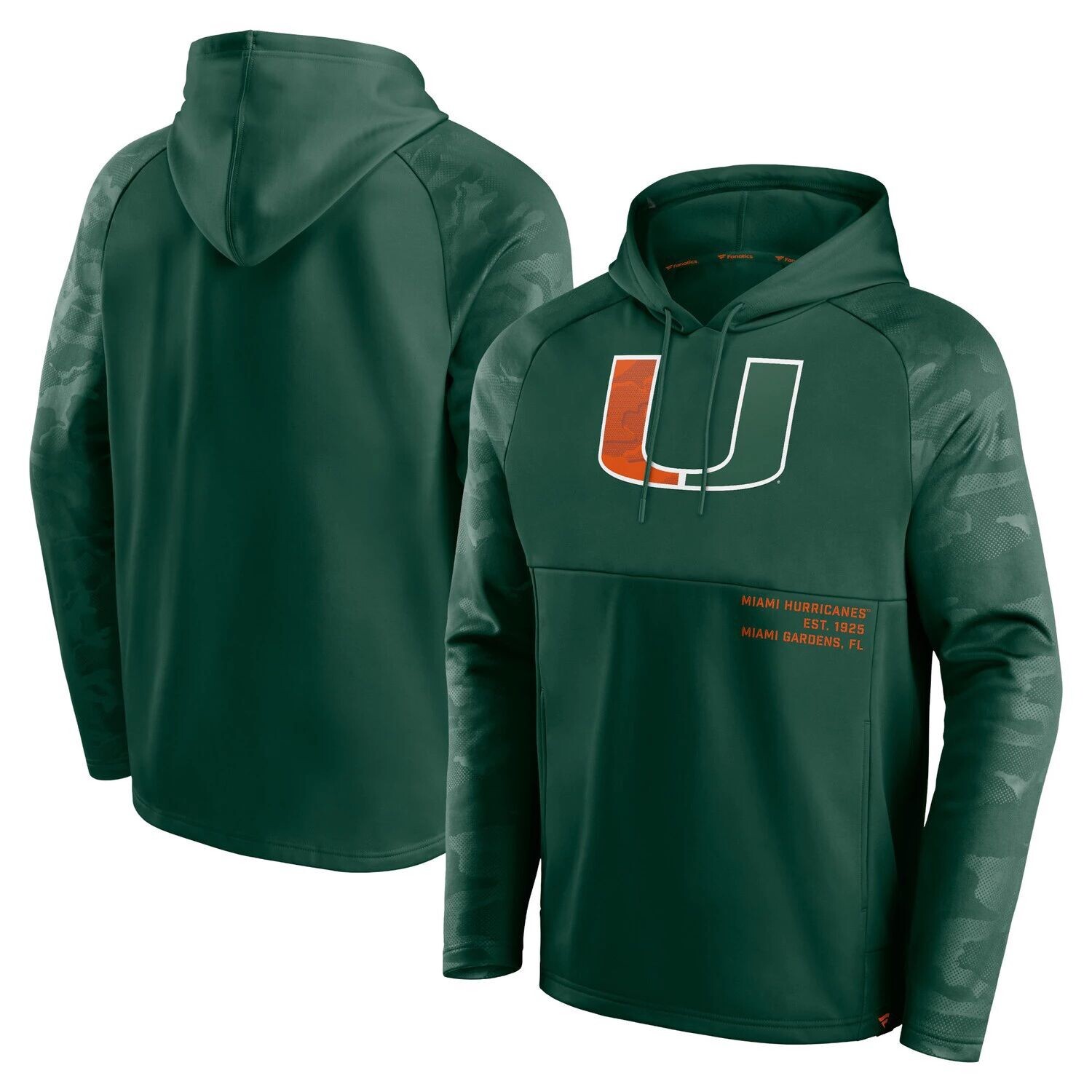 

Мужской пуловер с капюшоном Fanatics зеленого цвета с логотипом Miami Hurricanes Defender реглан