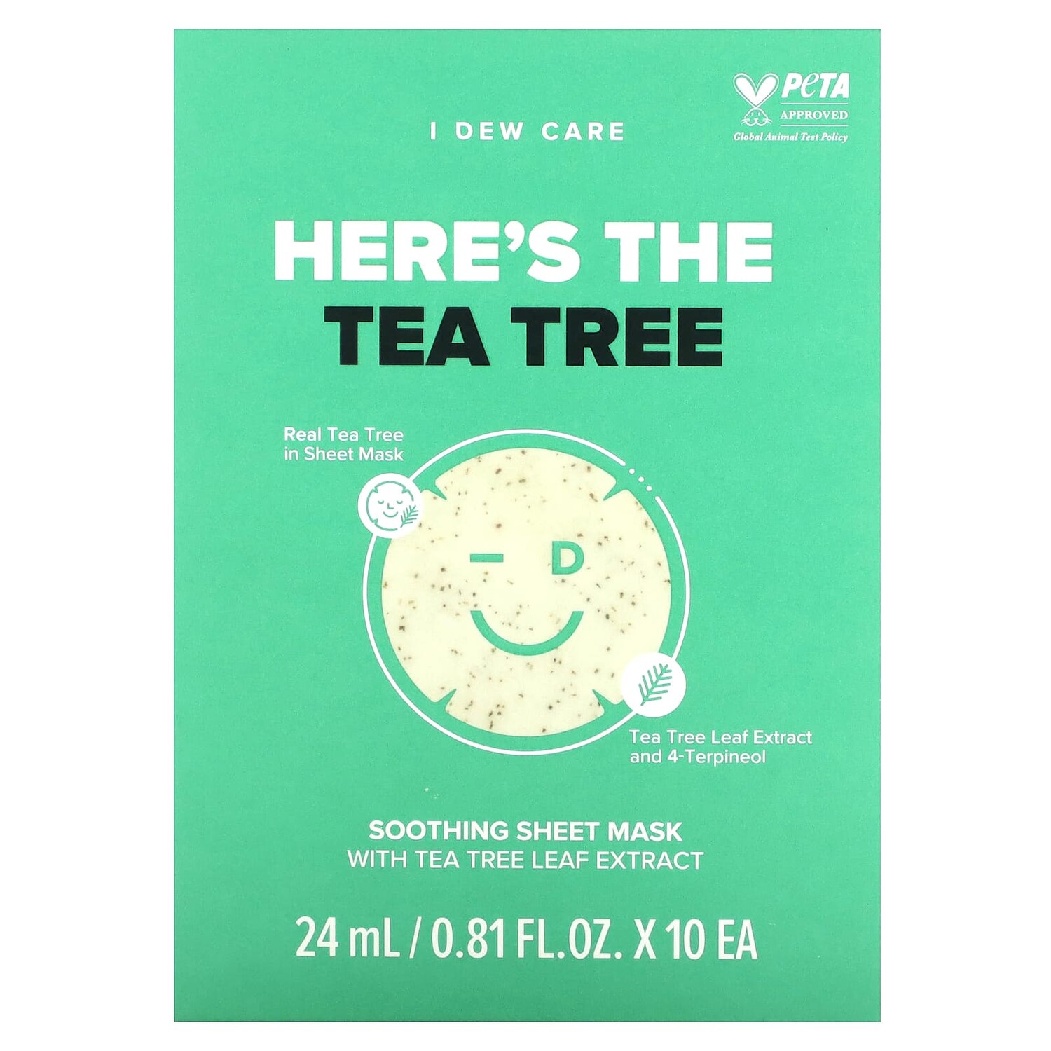 

Here's The Tea Tree, успокаивающая тканевая маска, 10 листовых масок, по 24 мл (0,81 жидк. Унции), I Dew Care