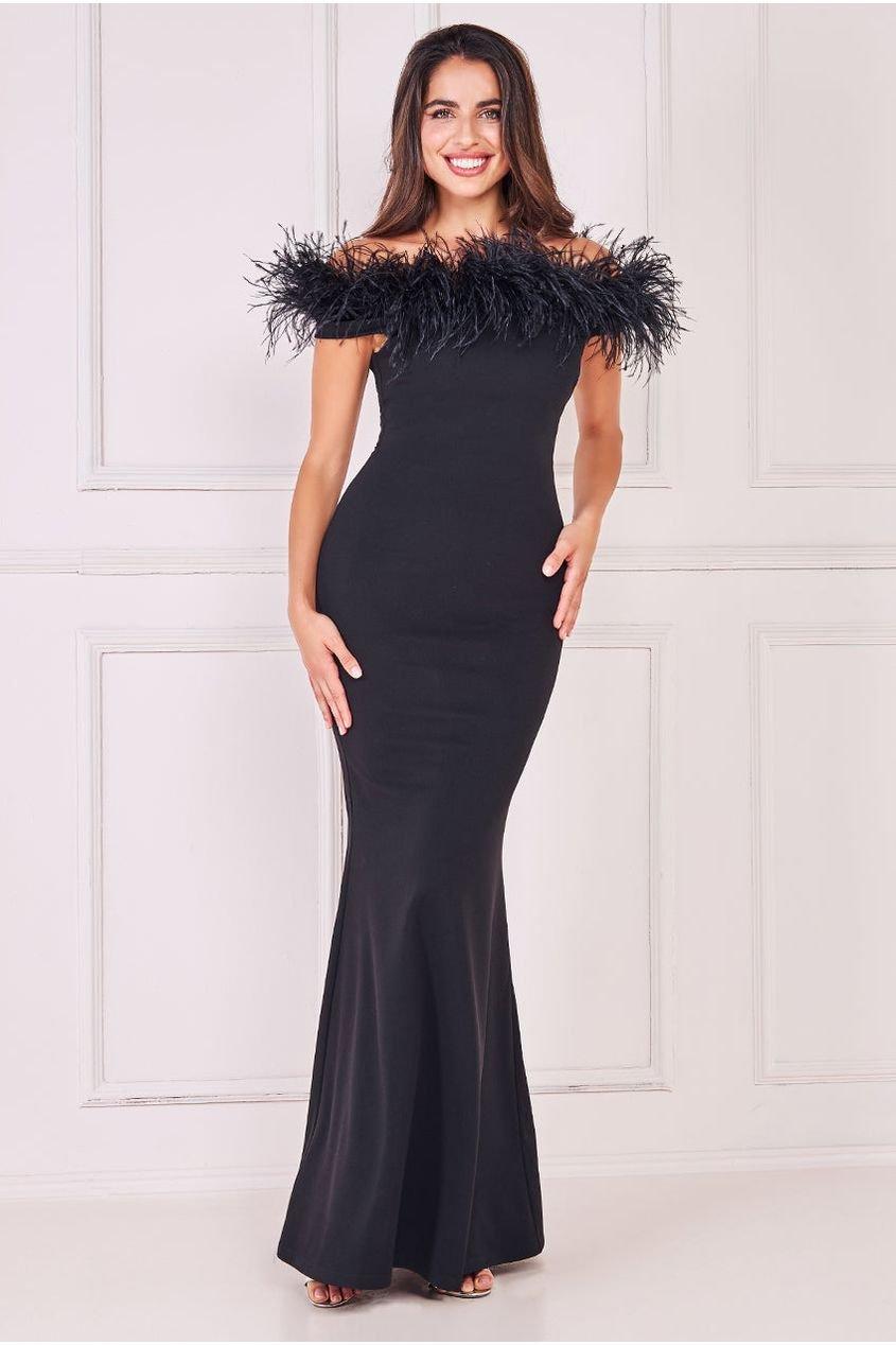 Макси с отделкой перьями на плечах Scuba Goddiva, черный женское платье с открытыми плечами вечернее платье с открытыми плечами для торжественных случаев