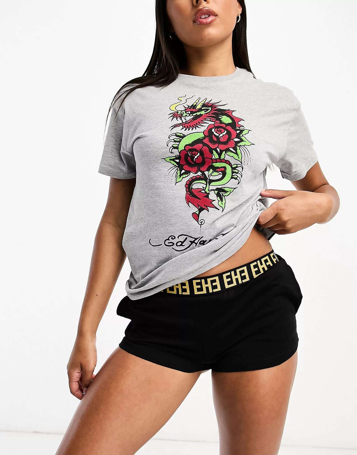 

Короткий комплект для сна Ed Hardy ally в сером и черном цвете с мотивом дракона