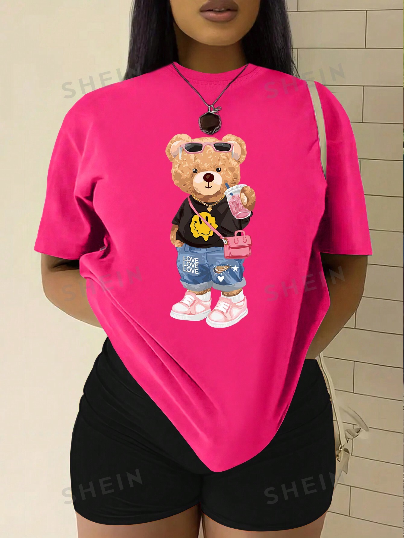 Футболка SHEIN Slayr с принтом Тедди и мультяшным рисунком, ярко-розовый