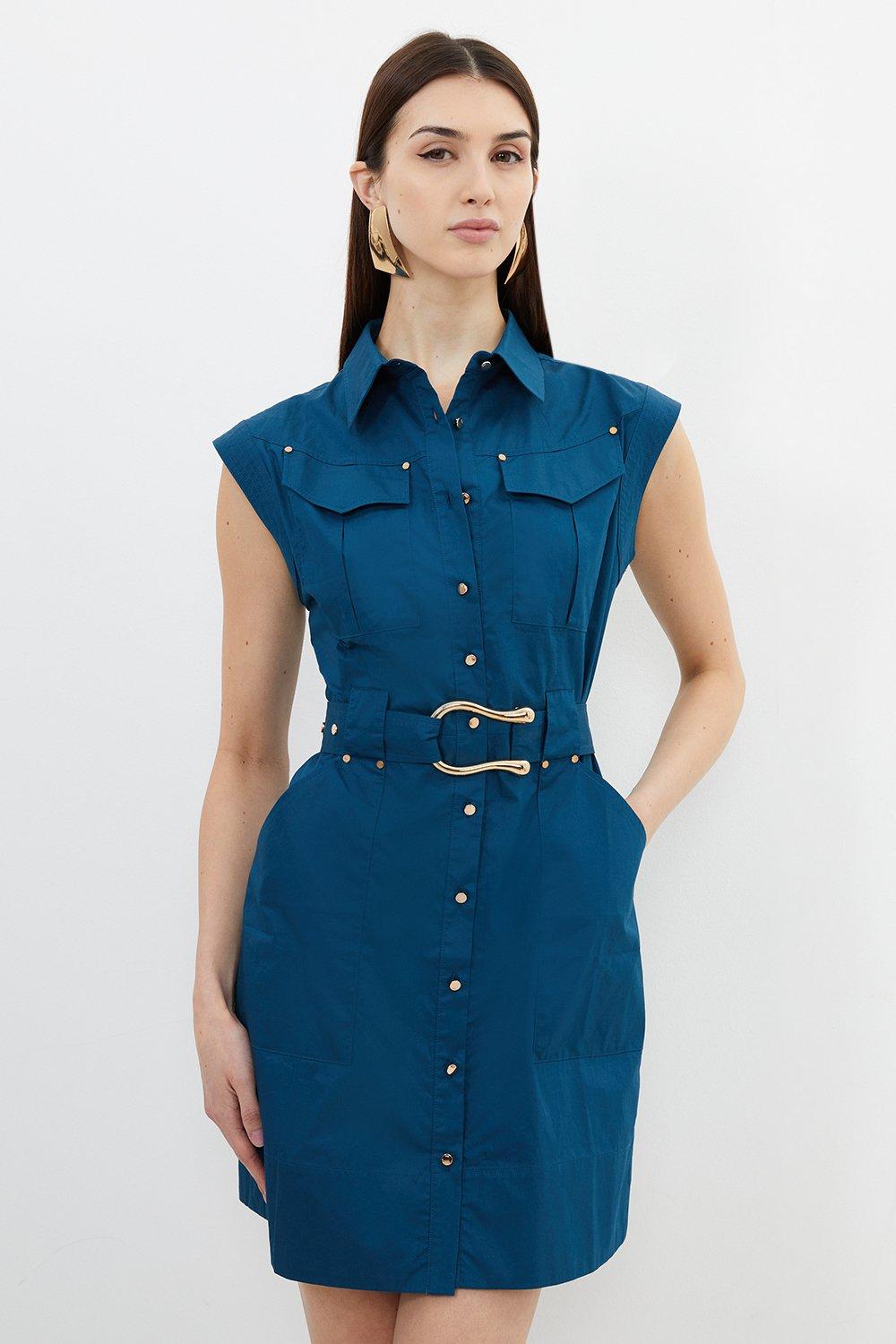 Мини-платье-рубашка из хлопкового сатина с пряжками и пряжками Karen Millen, темно-синий