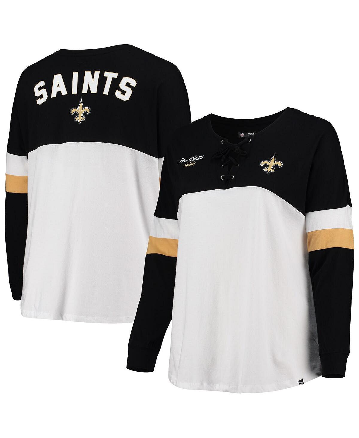 

Женская белая, черная спортивная университетская футболка New Orleans Saints больших размеров на шнуровке с v-образным вырезом и длинными рукавами New Era