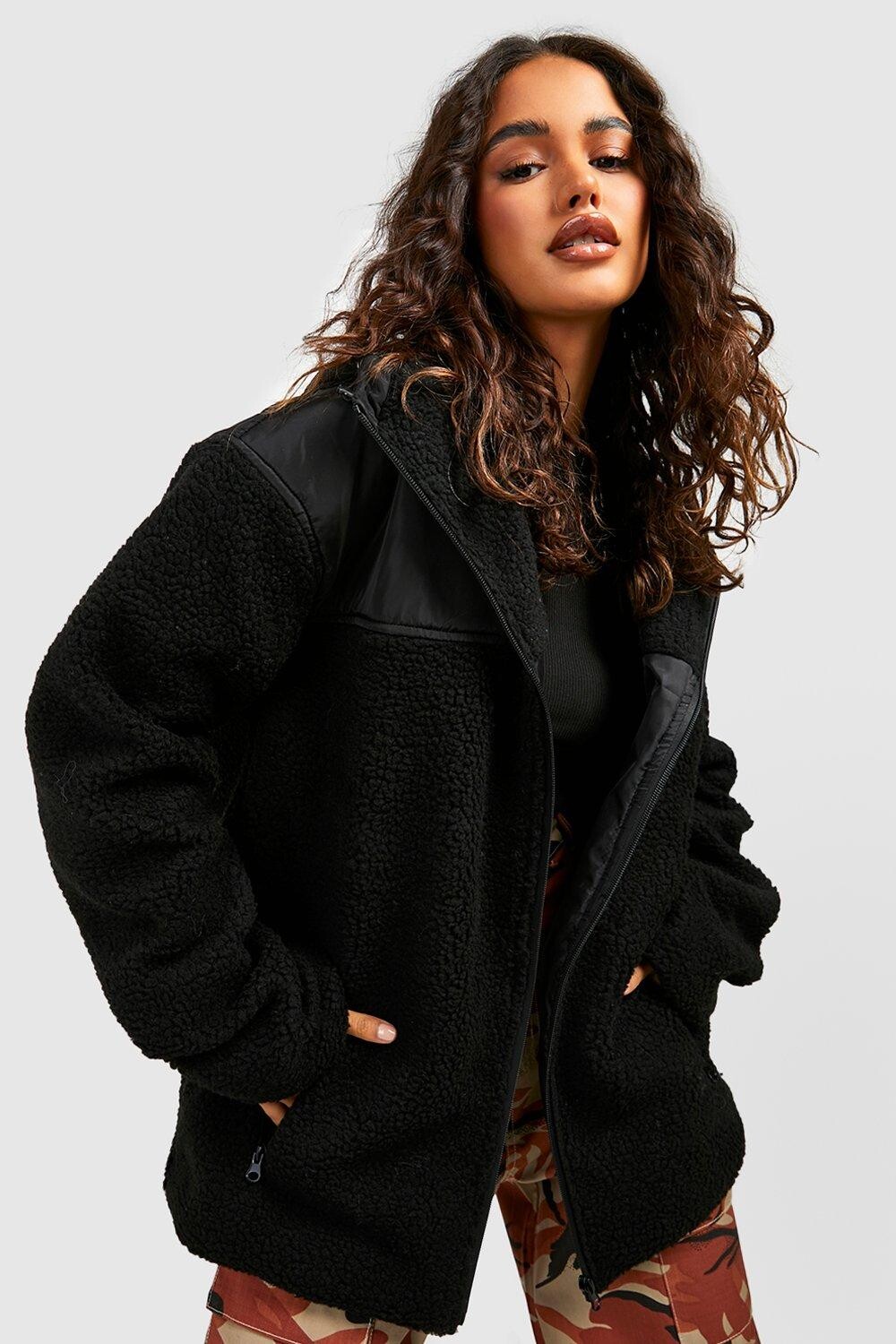 

Куртка borg mix из нейлона на молнии Boohoo, черный