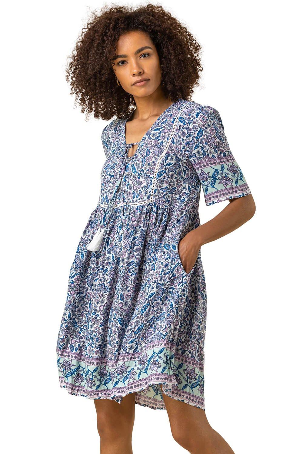 Чайное платье с цветочным принтом и каймой Roman, синий чайное платье из эластичного джерси с цветочным принтом roman синий