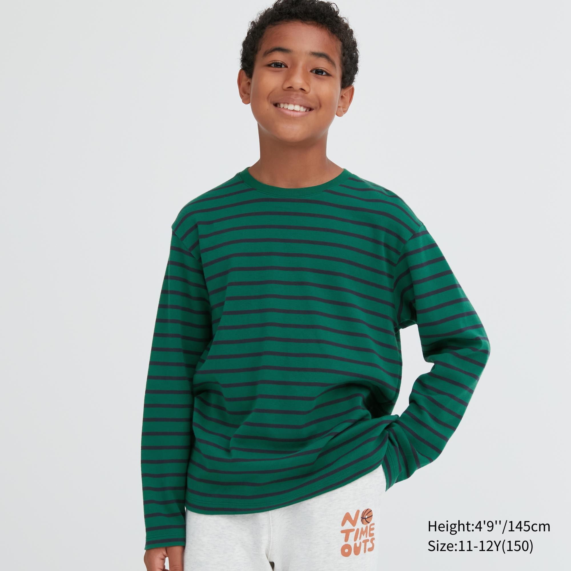 цена Детская футболка из мягкого матового хлопка в полоску с круглым вырезом и длинными рукавами Uniqlo, зеленый