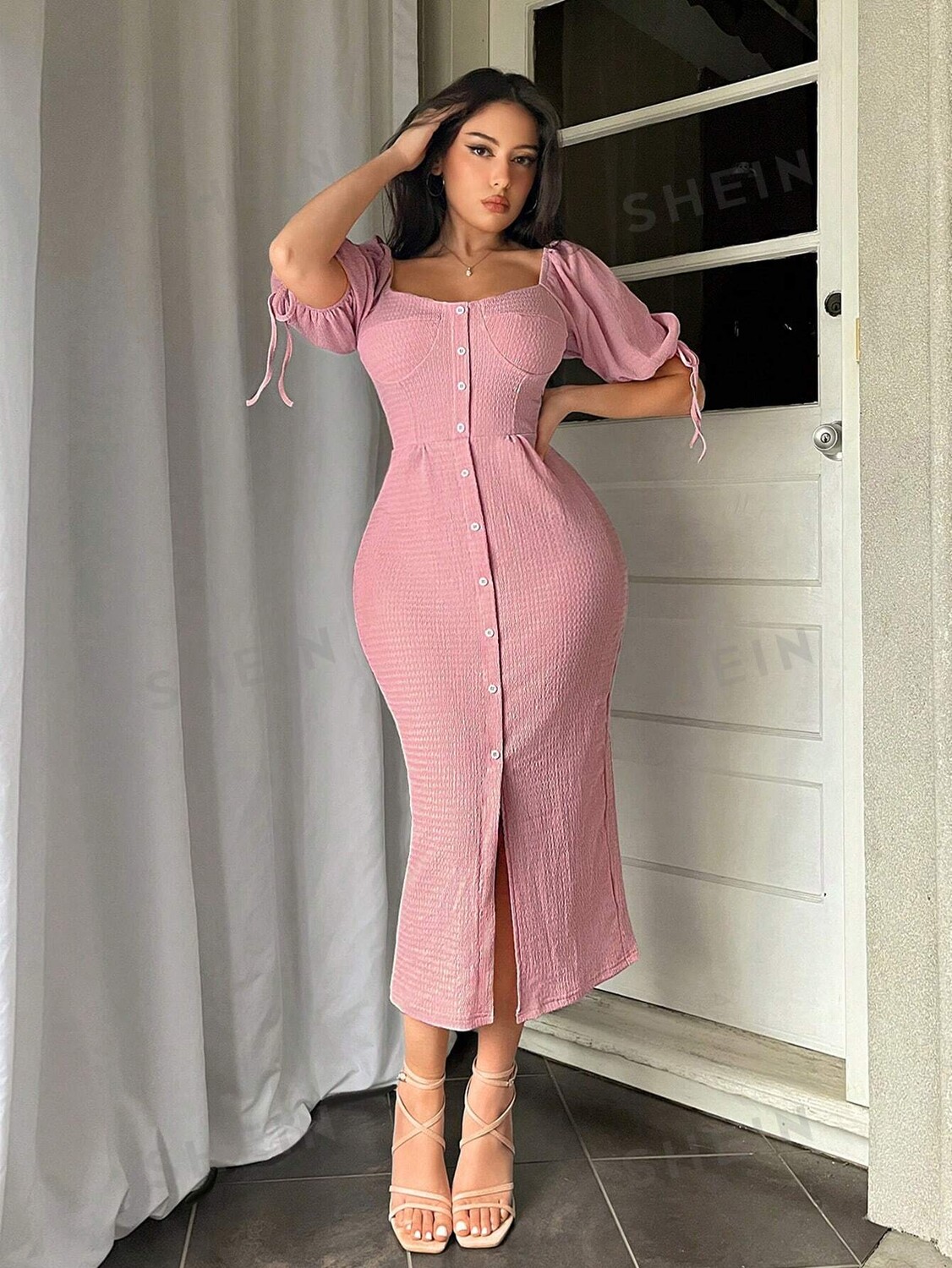 

Платье длинное Shein Privé с разрезом, розовый