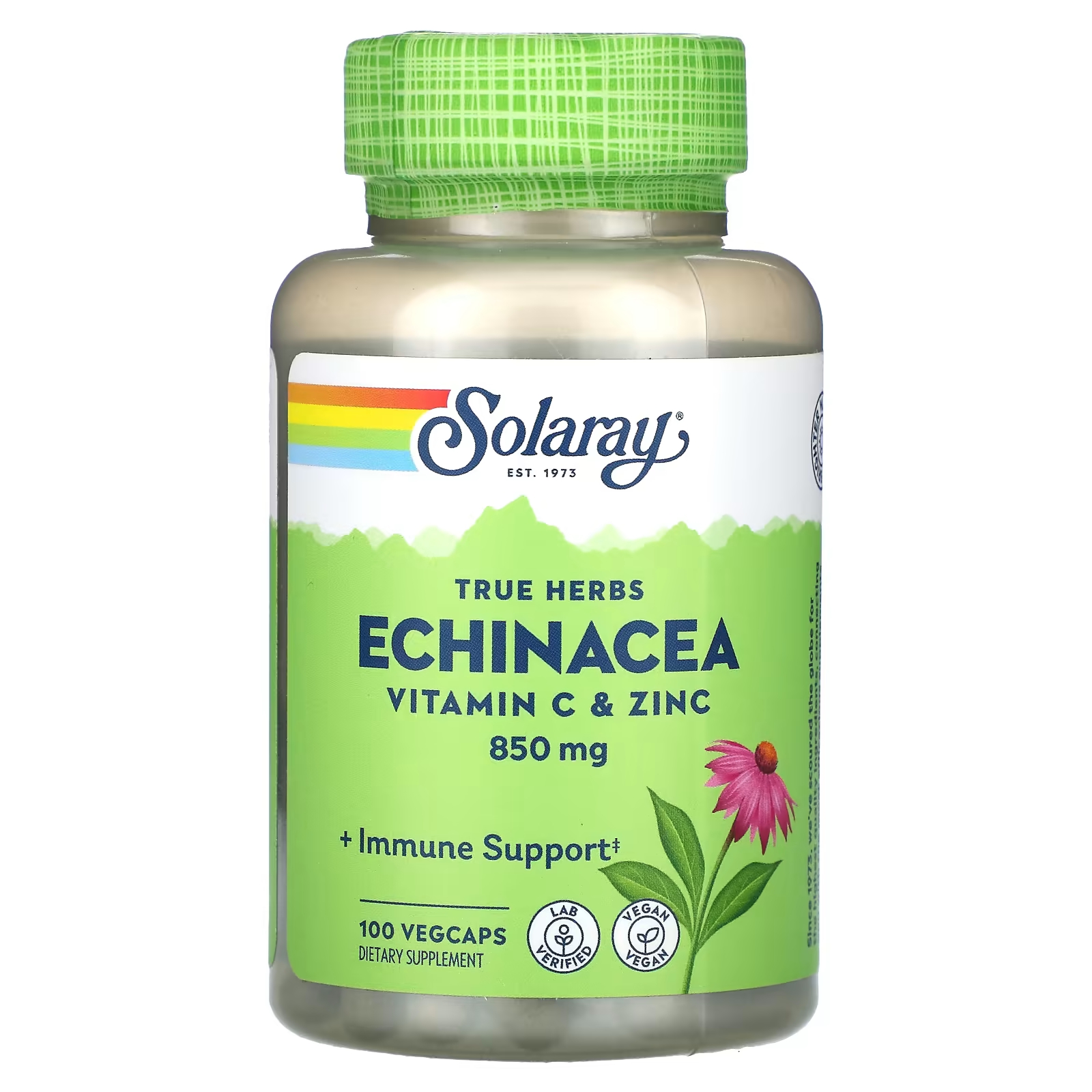 Solaray True Herbs Эхинацея, витамин С и цинк, 850 мг, 100 растительных капсул (425 мг на капсулу)