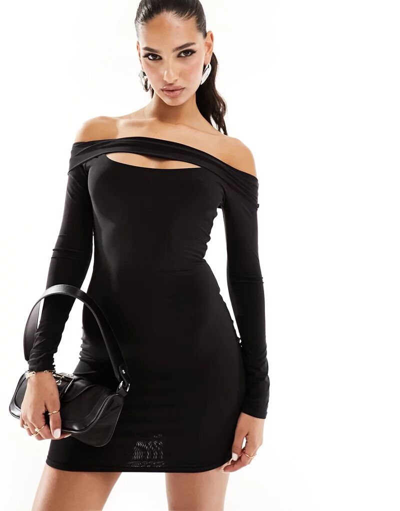 Черное мини-платье с открытыми плечами и вырезом Missy Empire Missyempire розовое облегающее платье мини с бисером missy empire missyempire