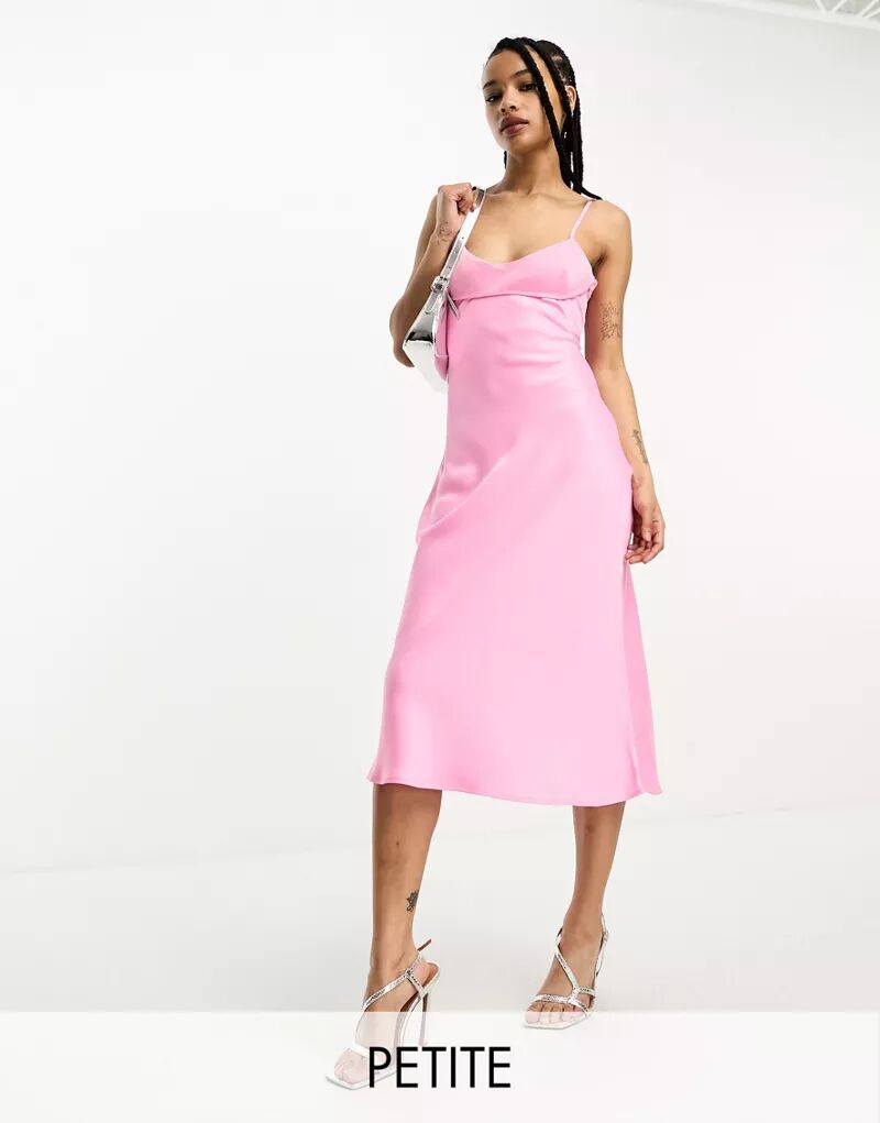 Розовое атласное платье-комбинация миди Only Petite