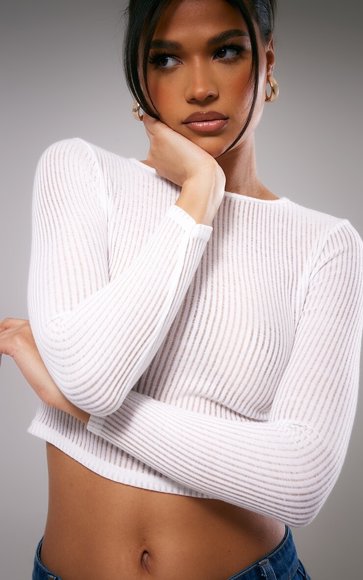 

PrettyLittleThing Белый прозрачный топ в рубчик с длинными рукавами