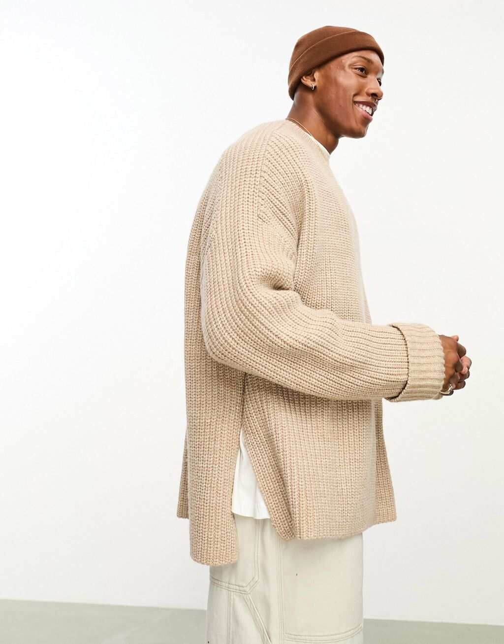 

Тяжелый джемпер в рубчик с разрезами по бокам ASOS DESIGN овсяного цвета
