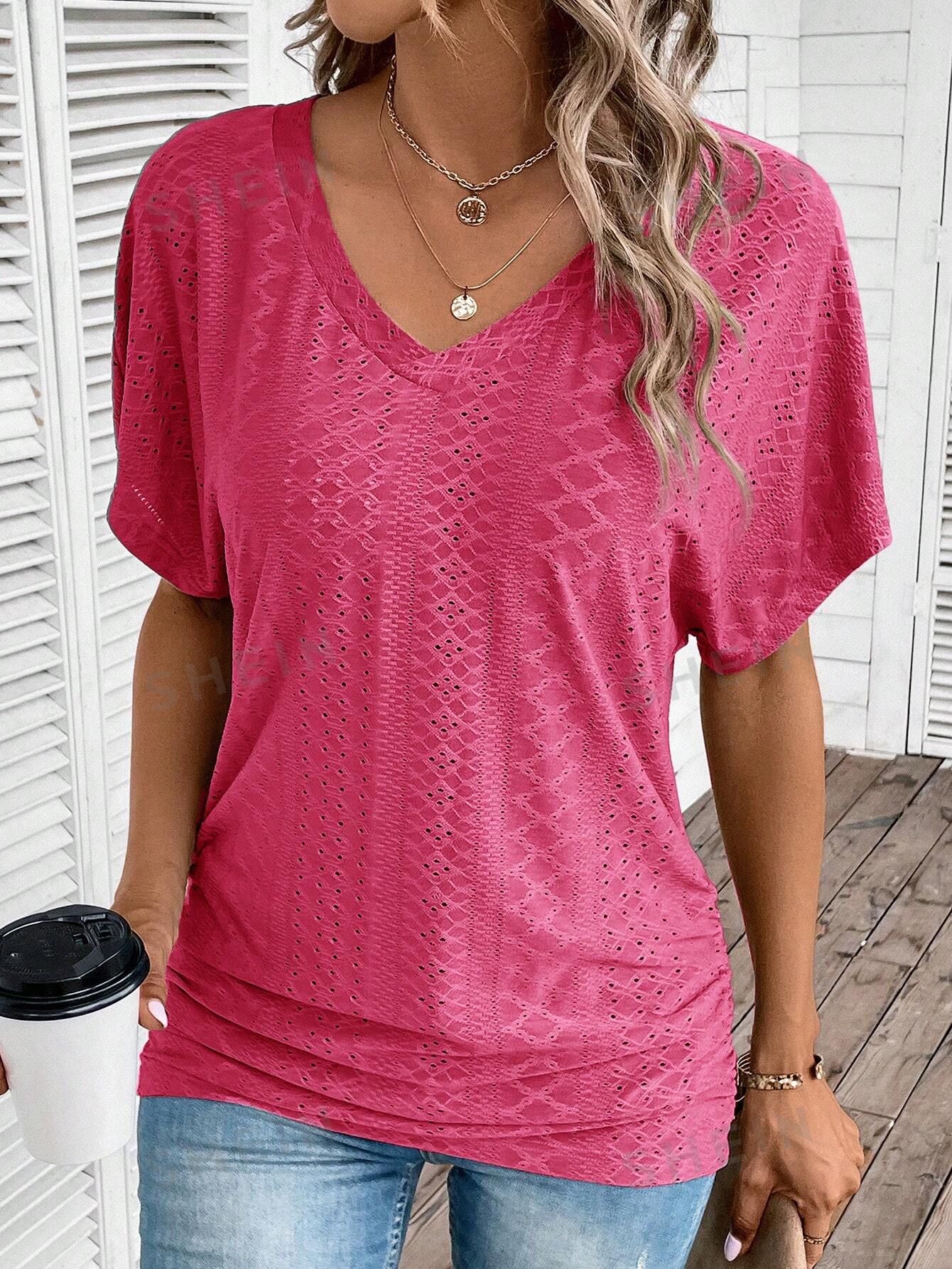 SHEIN LUNE Женская однотонная футболка с вышивкой и рукавами «летучая мышь», ярко-розовый