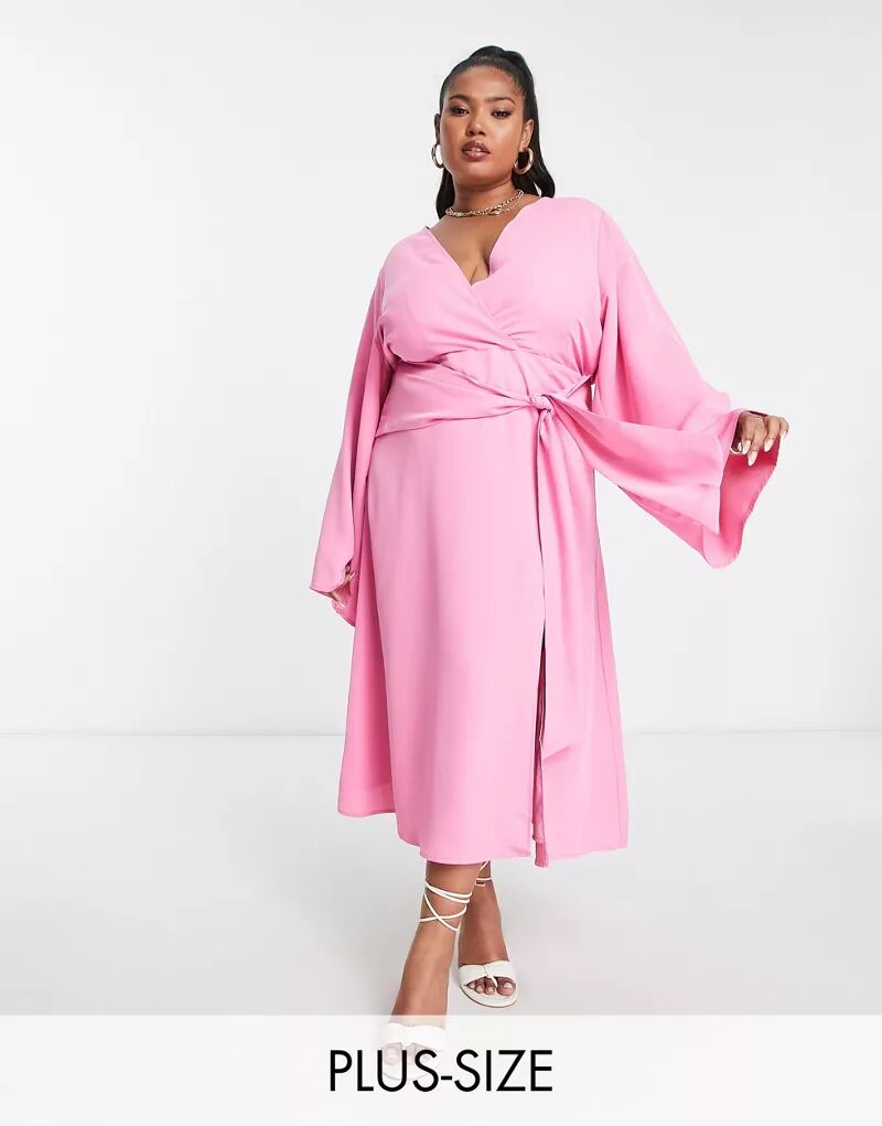 цена Розовое платье миди с глубоким вырезом Pretty Lavish Curve с декоративными узлами спереди