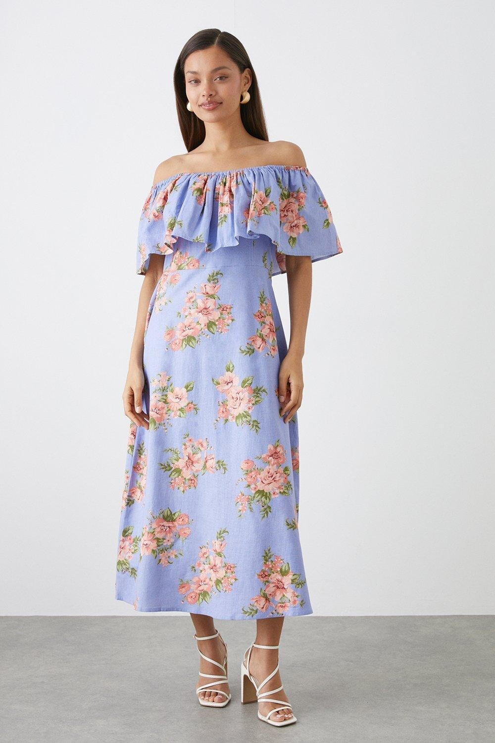 

Миниатюрное синее платье миди с открытыми плечами и цветочным принтом Dorothy Perkins, синий