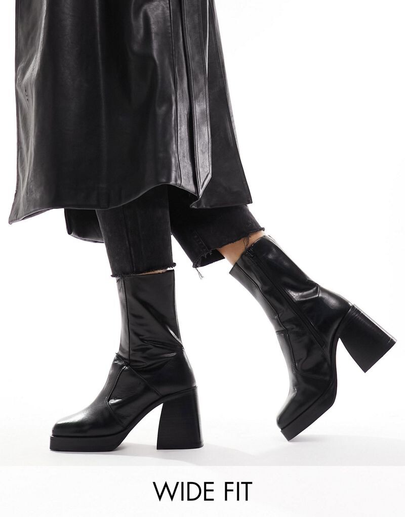 Черные кожаные ботинки на каблуке ASOS DESIGN Wide Fit Rover