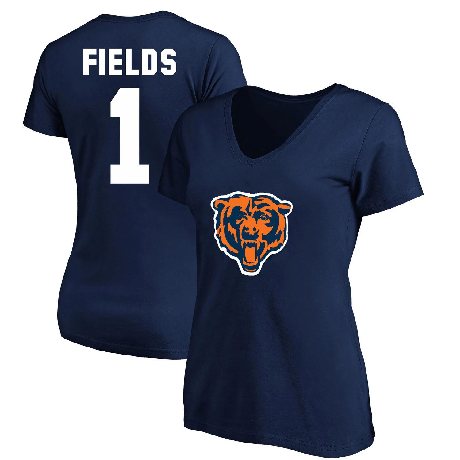 Женская футболка Fanatics с логотипом Justin Fields, темно-синяя футболка Chicago Bears размера плюс с именем и номером игрока с v-образным вырезом Fanatics