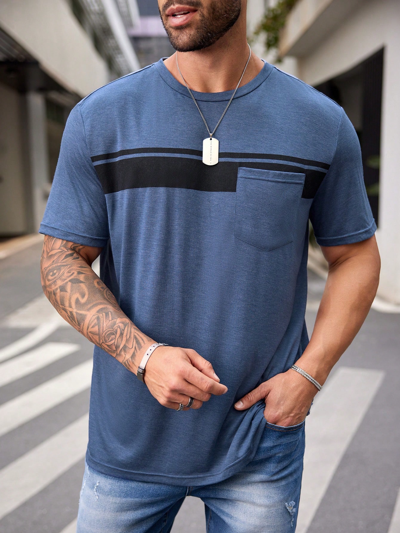 Мужская трикотажная облегающая повседневная футболка с короткими рукавами Manfinity Homme больших размеров, синий